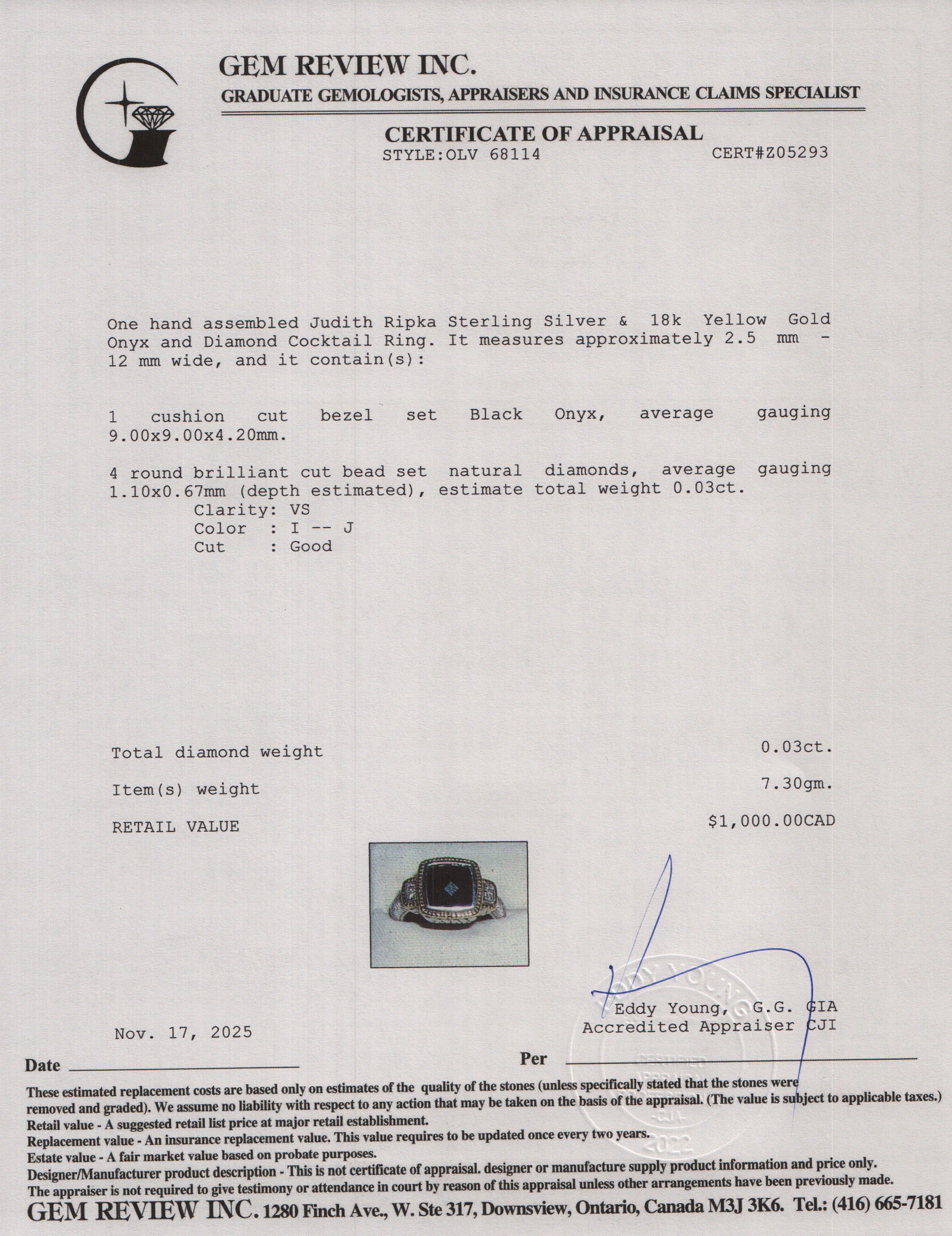 Judith Ripka Sterling Silver & 18k Yellow Gold Onyx and Diamond Cocktail Ring, Size 6