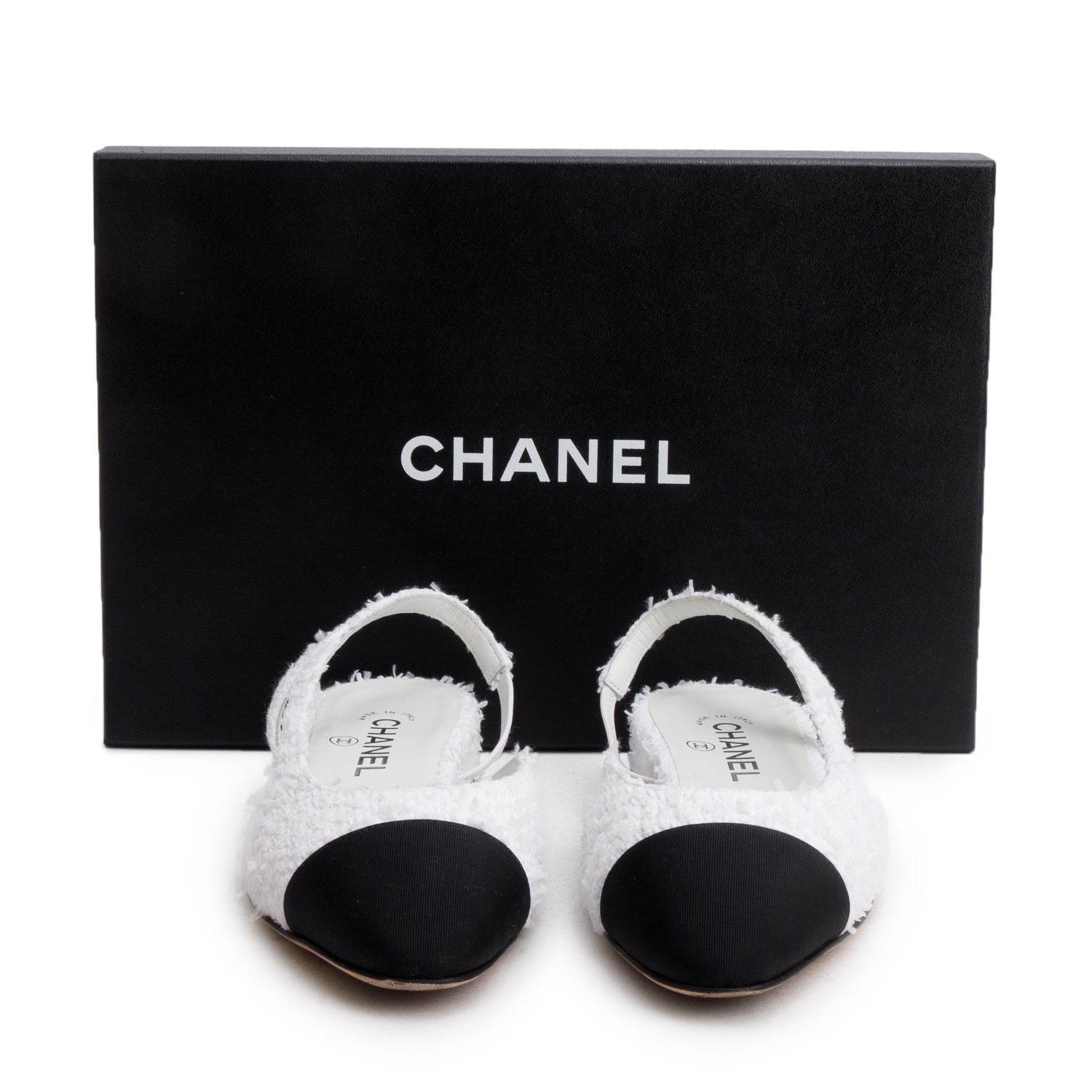 Chanel White Tweed Cap Toe CC Slingback Flat, Size 38 w/ Box