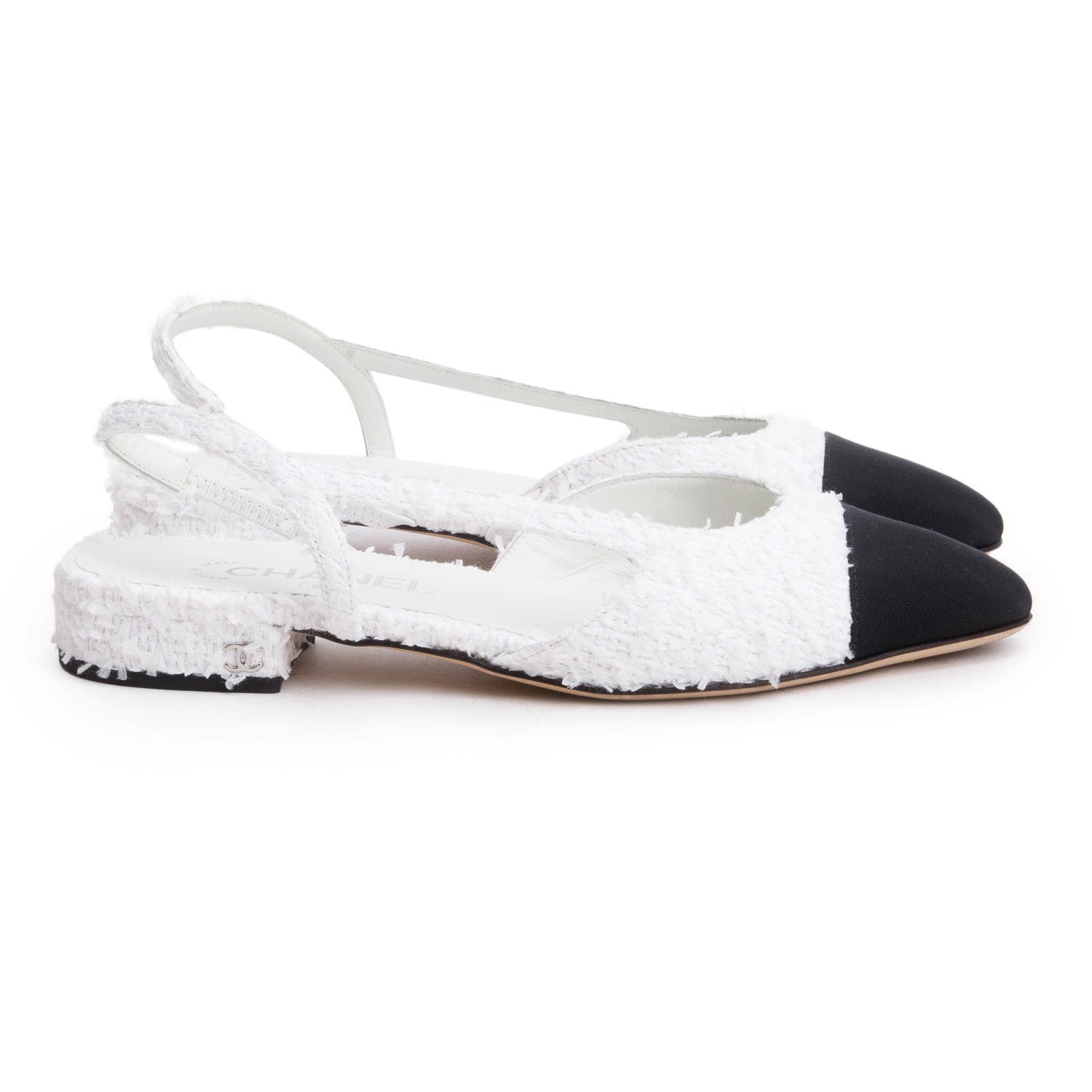 Chanel White Tweed Cap Toe CC Slingback Flat, Size 38 w/ Box