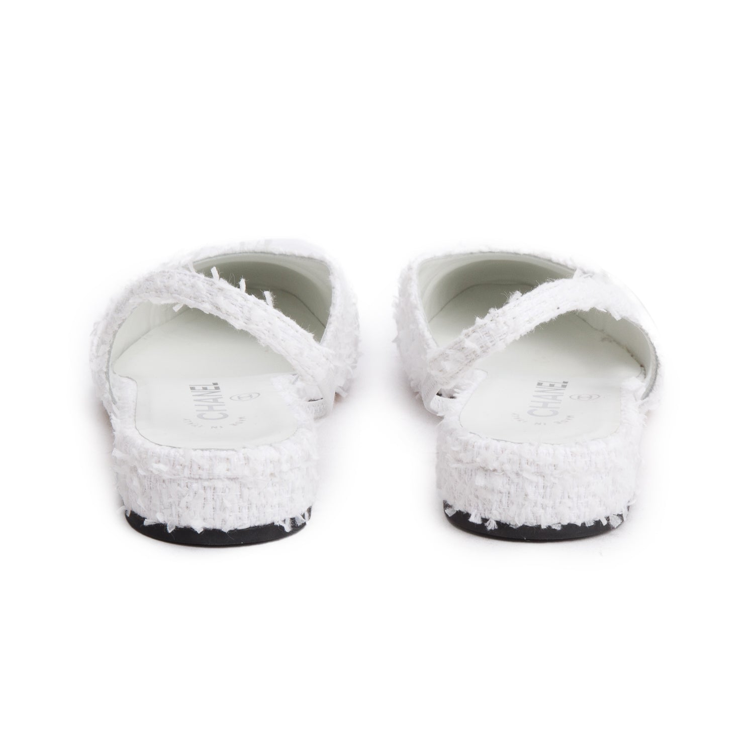 Chanel White Tweed Cap Toe CC Slingback Flat, Size 38 w/ Box