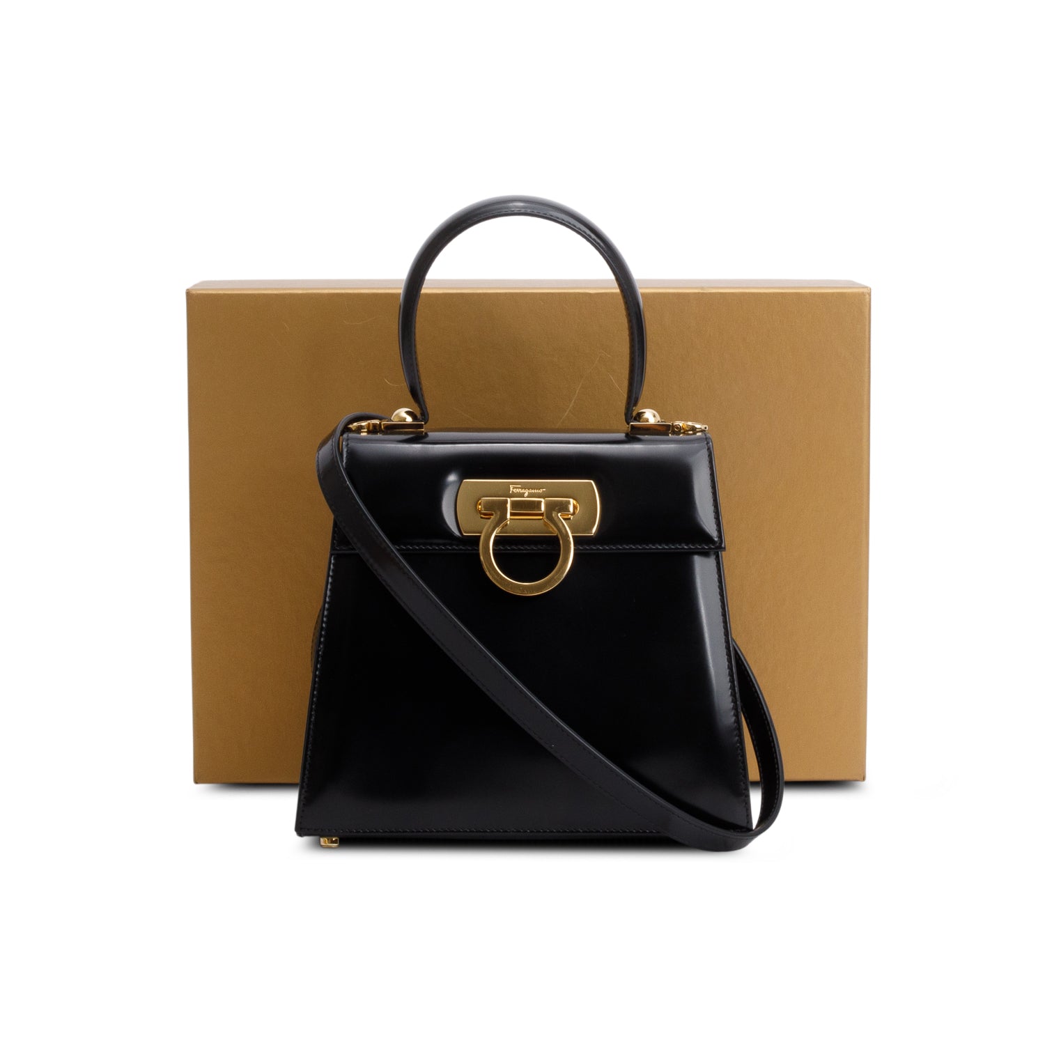Ferragamo 2023 Black Brushed Off Calfskin Small Iconic Top Handle Bag w/ Box, Strap & Receipt