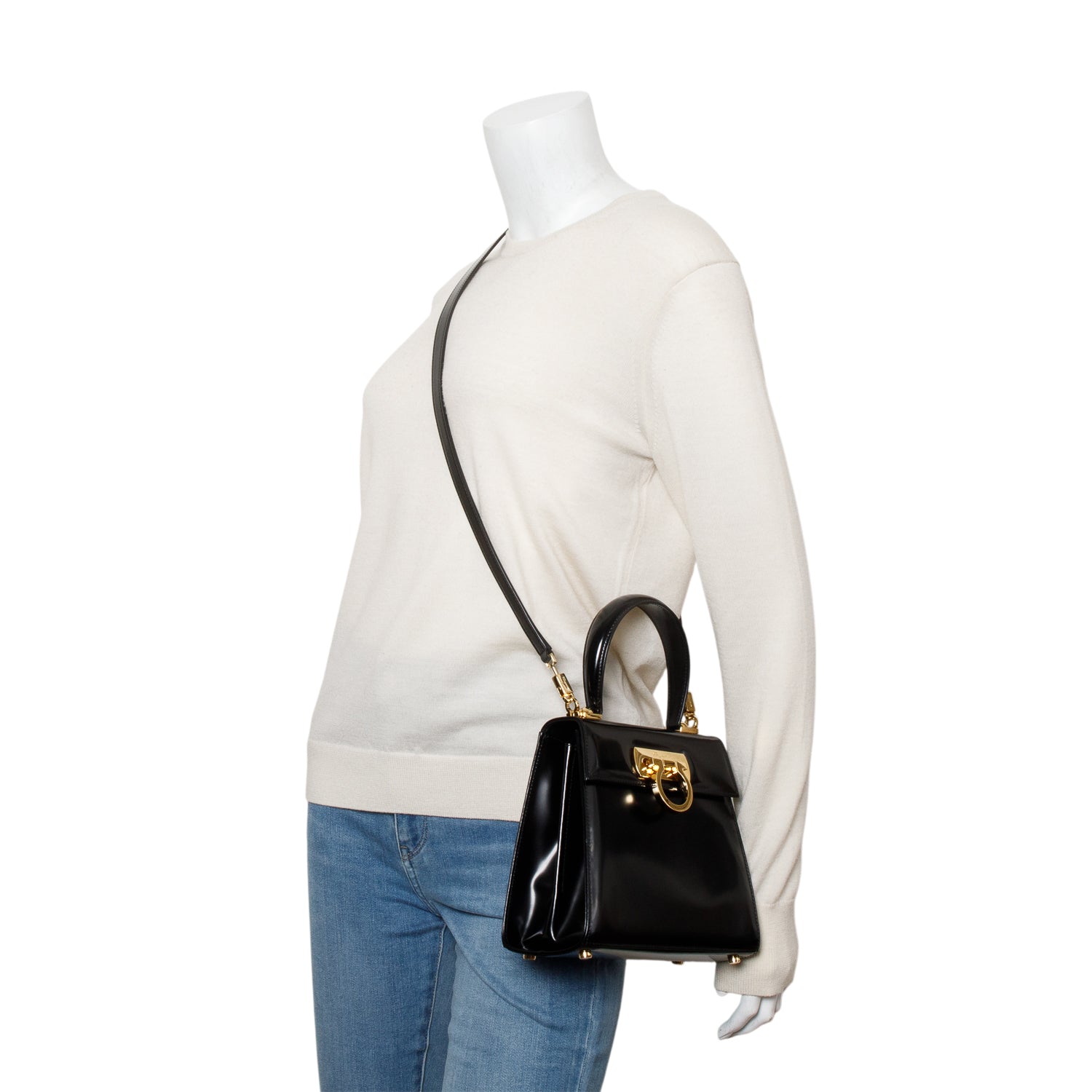 Ferragamo 2023 Black Brushed Off Calfskin Small Iconic Top Handle Bag w/ Box, Strap & Receipt