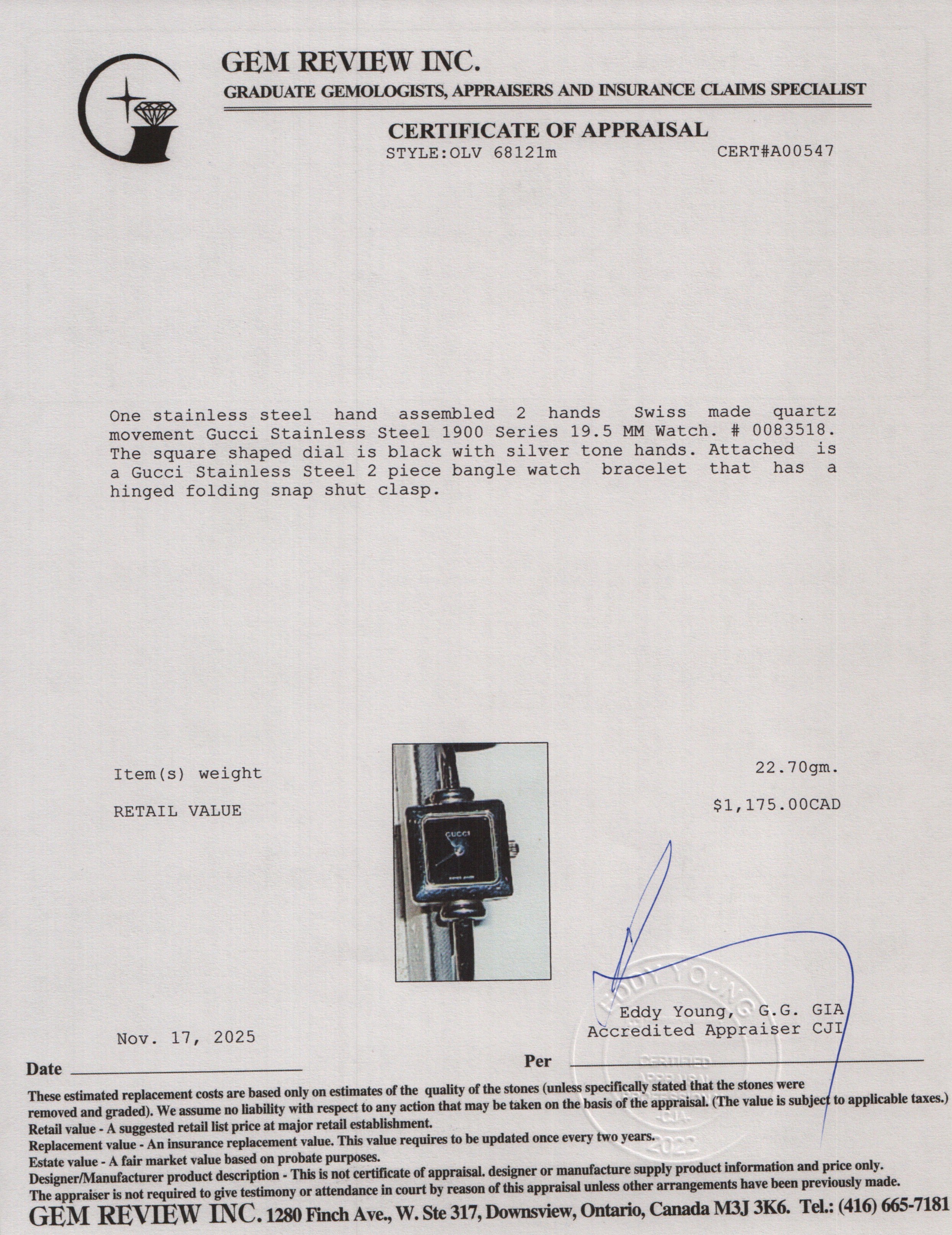 Gucci Stainless Steel 1900 Series 19.5 MM Watch