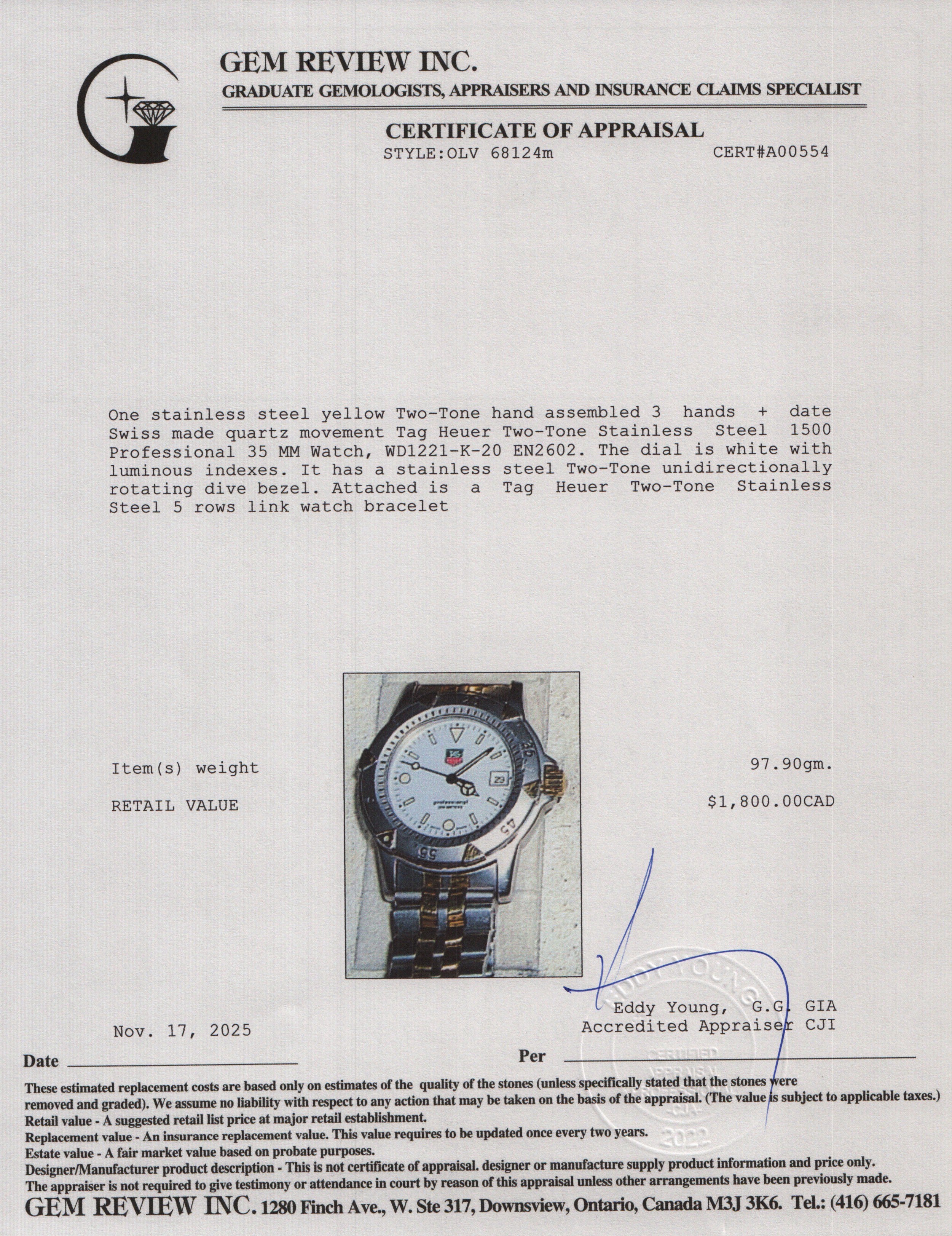 Tag Heuer Two-Tone Stainless Steel 1500 Professional 35 MM Watch White Dial WD1221-K-20