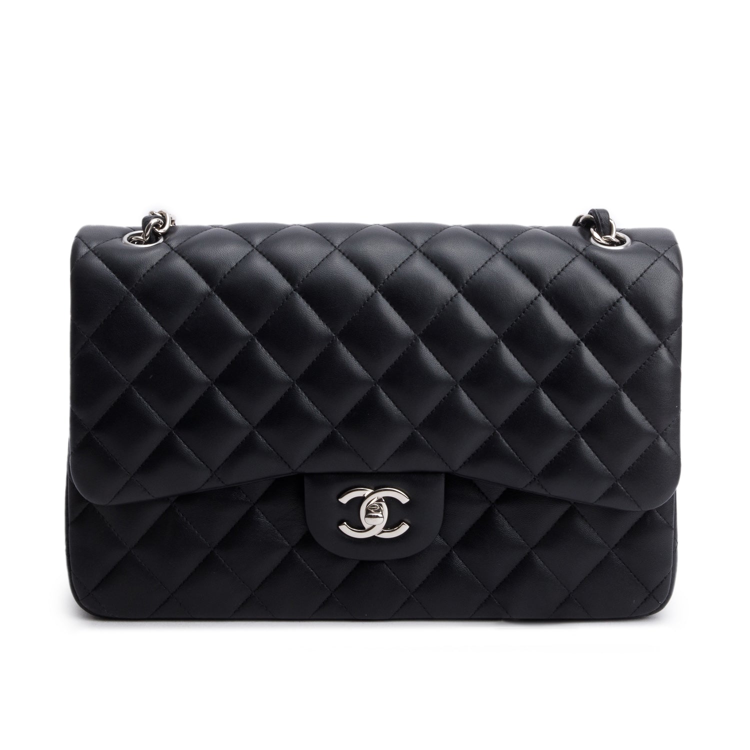 Chanel Black Quilted Lambskin Leather Jumbo Double Flap Bag w/ Box & Authenticity Card