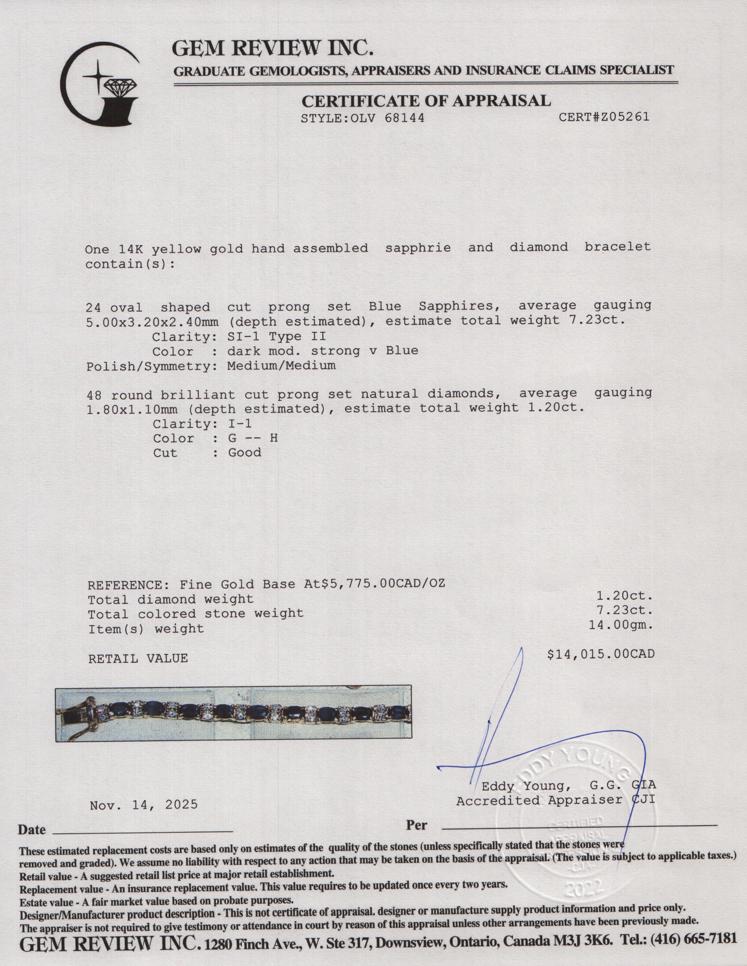 14k Yellow Gold Sapphire & Diamond Bracelet