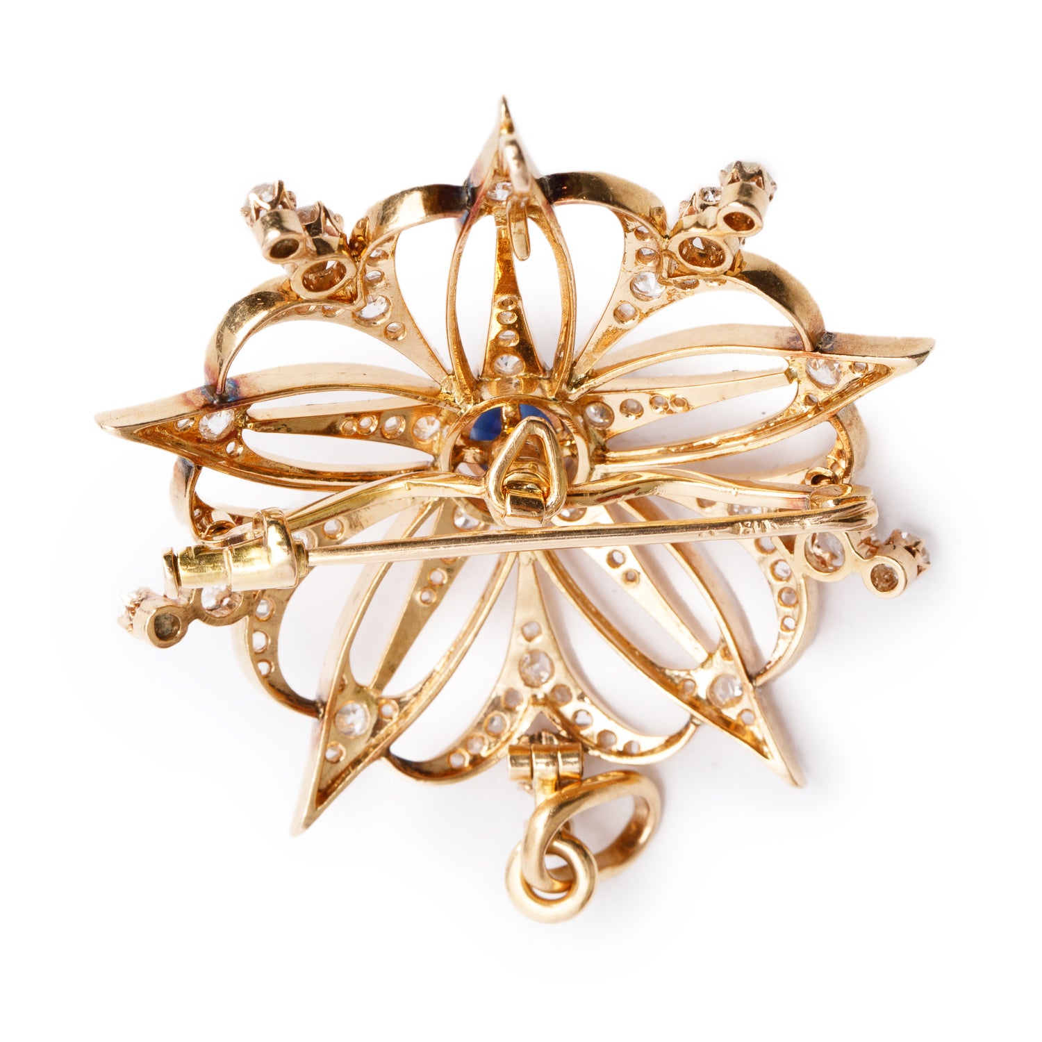 Antique 18k Yellow Gold Sapphire & Diamond Flower Pendant Brooch