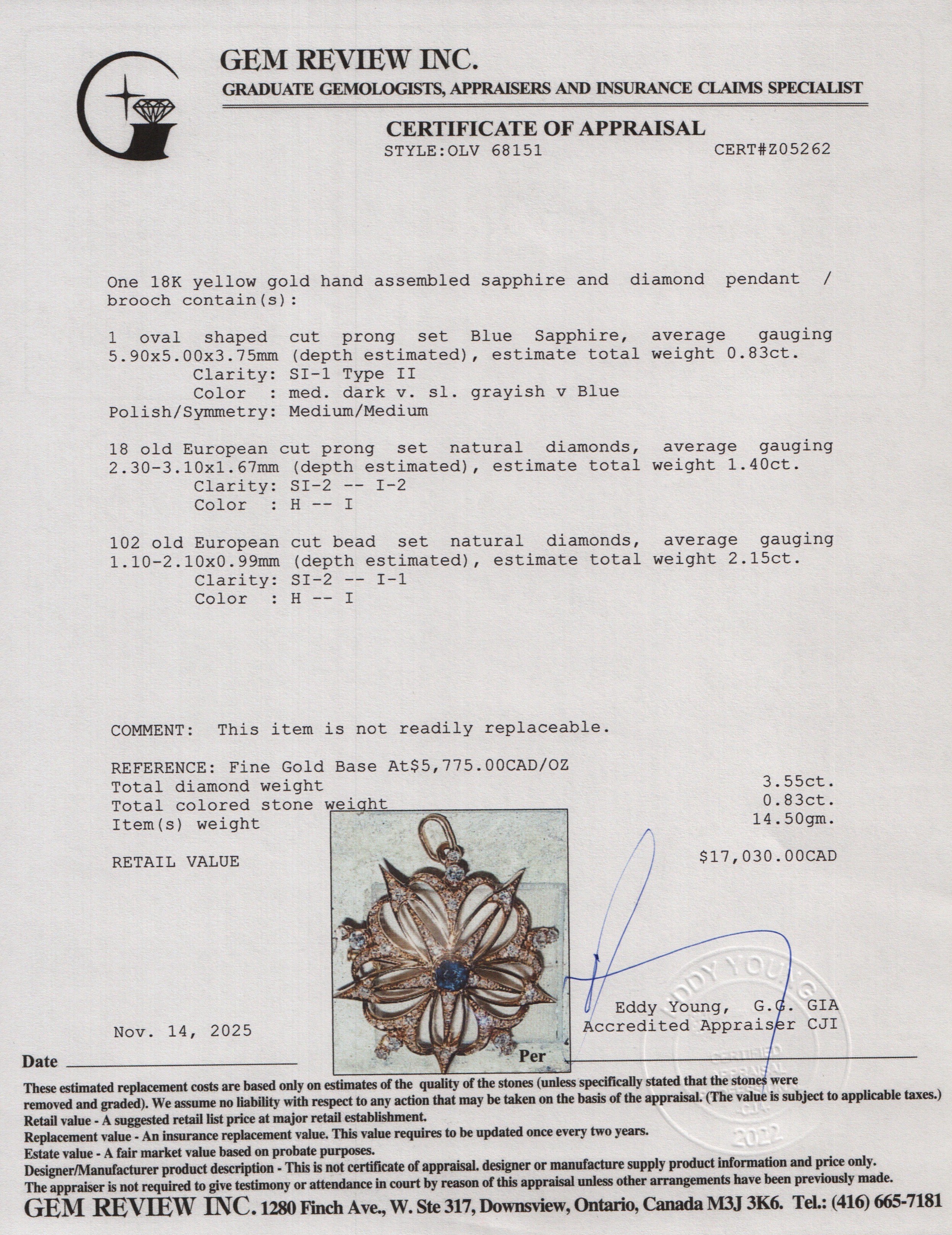 Antique 18k Yellow Gold Sapphire & Diamond Flower Pendant Brooch