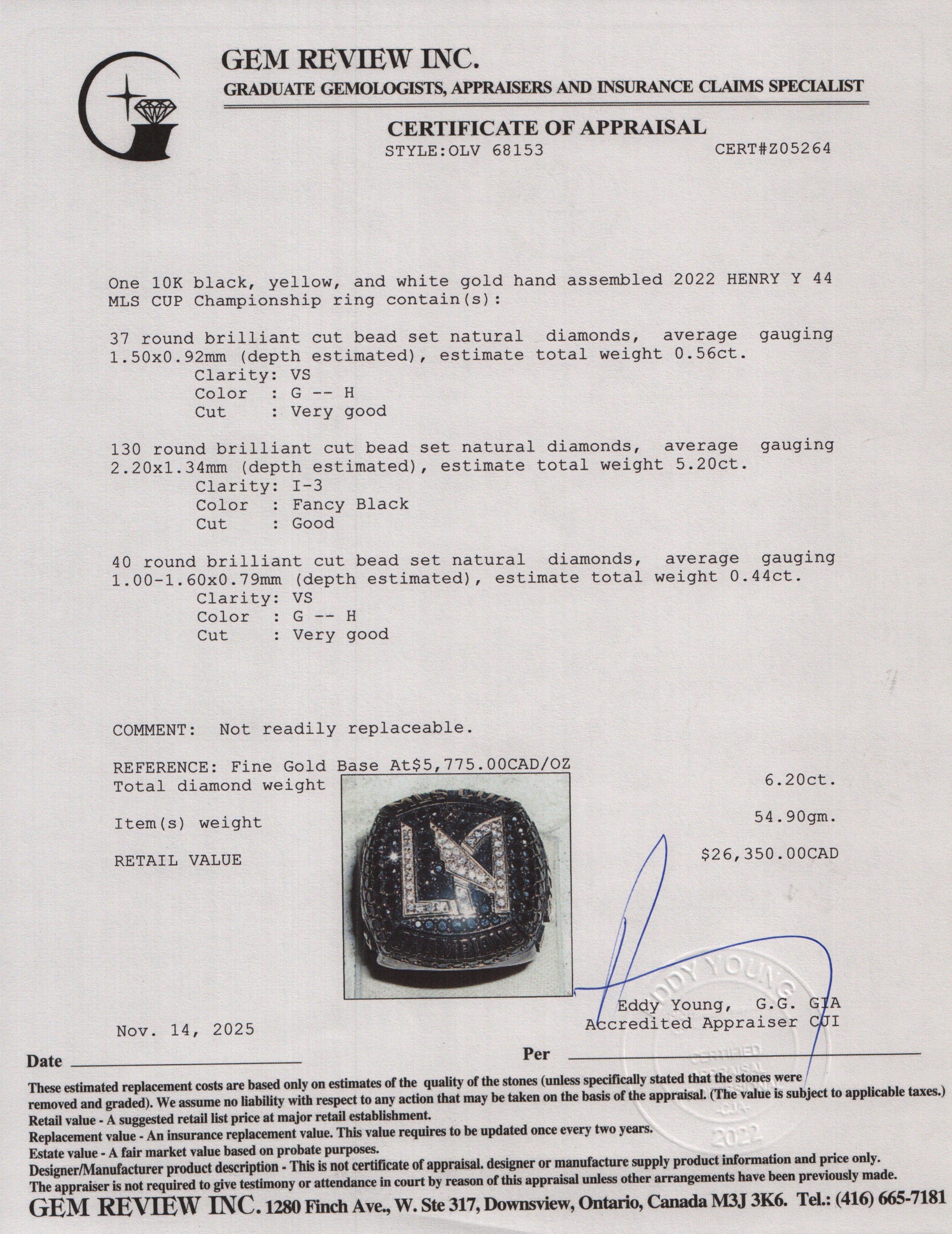 Los Angeles Football Club 2022 MLS Championship 10k Yellow & White Gold Diamond Ring, Size 12 w/ Box