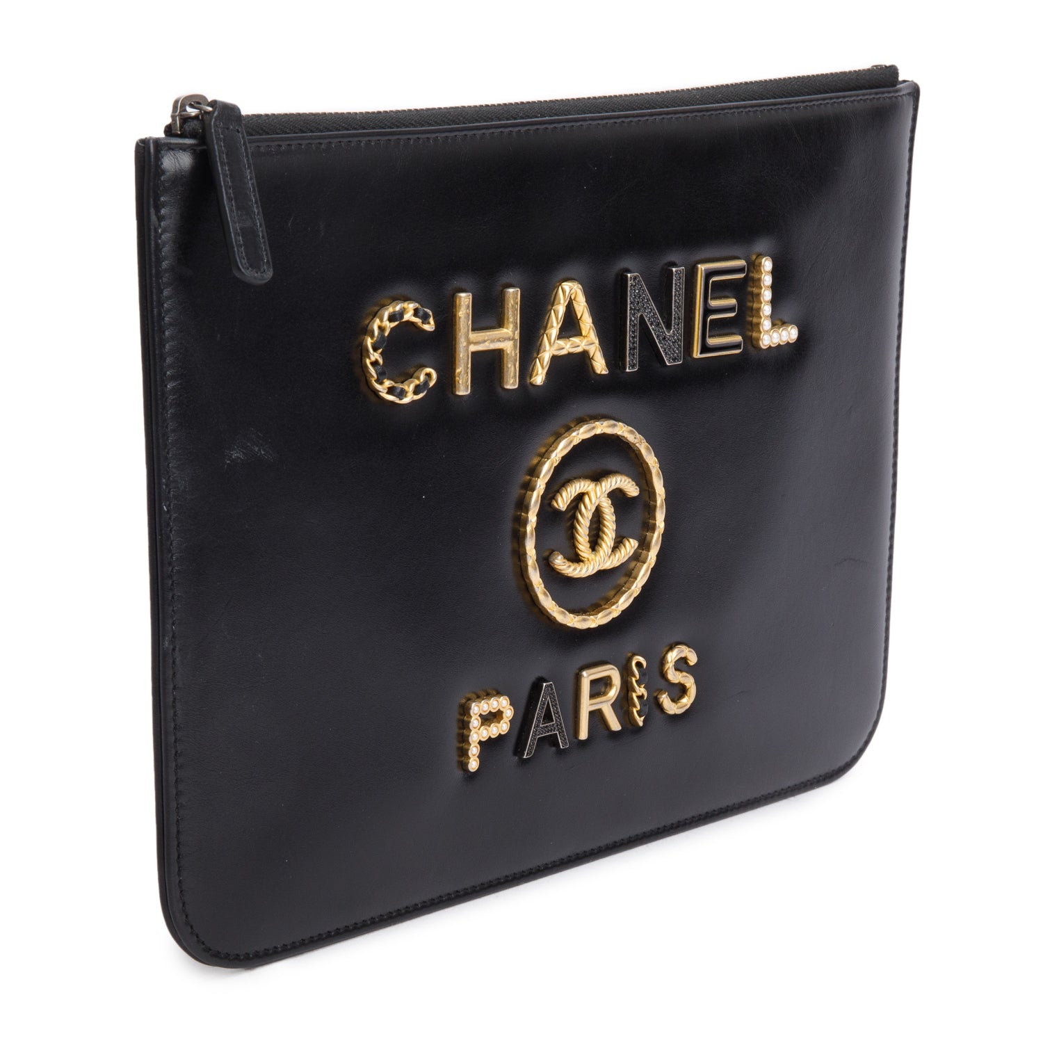 Chanel 2020 Black Lambskin Leather Large Faux Pearl& Strass Deauville Pouch