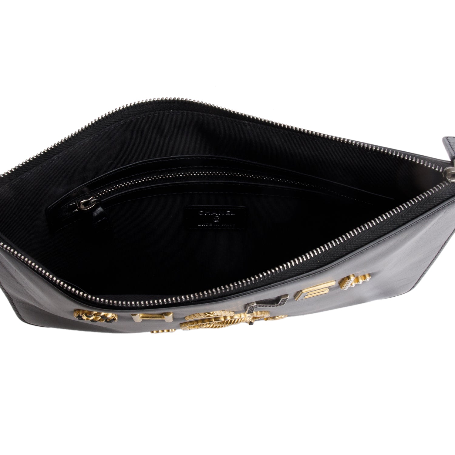 Chanel 2020 Black Lambskin Leather Large Faux Pearl& Strass Deauville Pouch