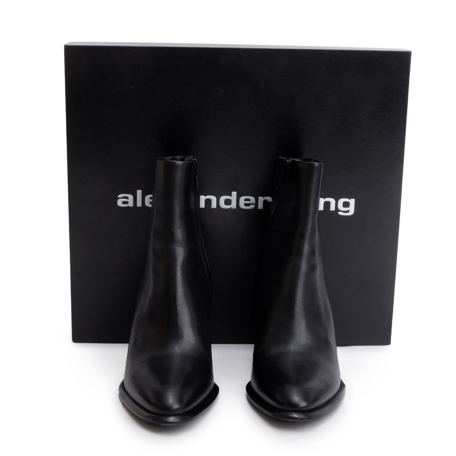 Alexander Wang Black Shiny Calfskin Anna Calf Booties, Size 36.5 w/ Box