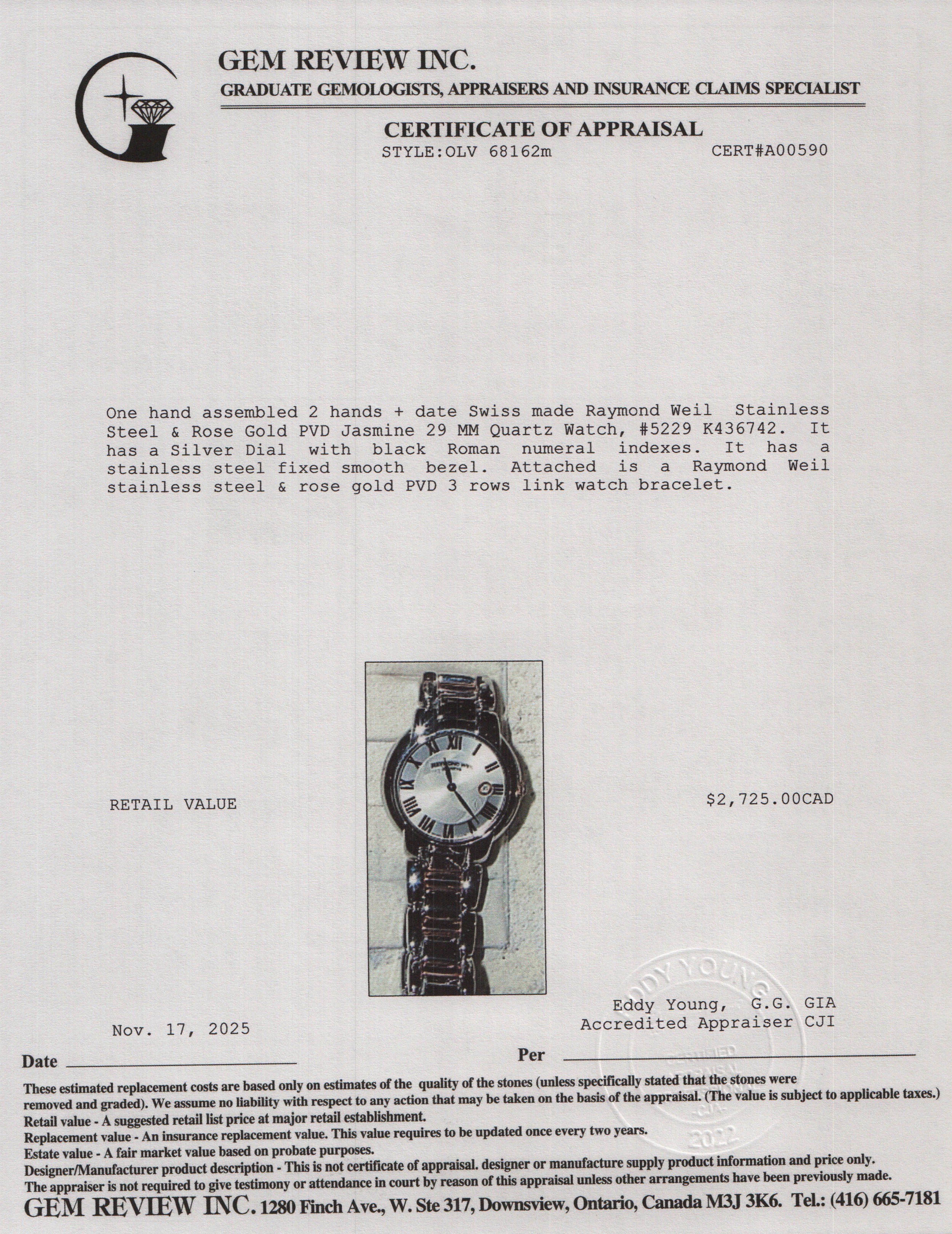 Raymond Weil Stainless Steel & Rose Gold PVD Jasmine 29 MM Quartz Watch Silver Dial 5229