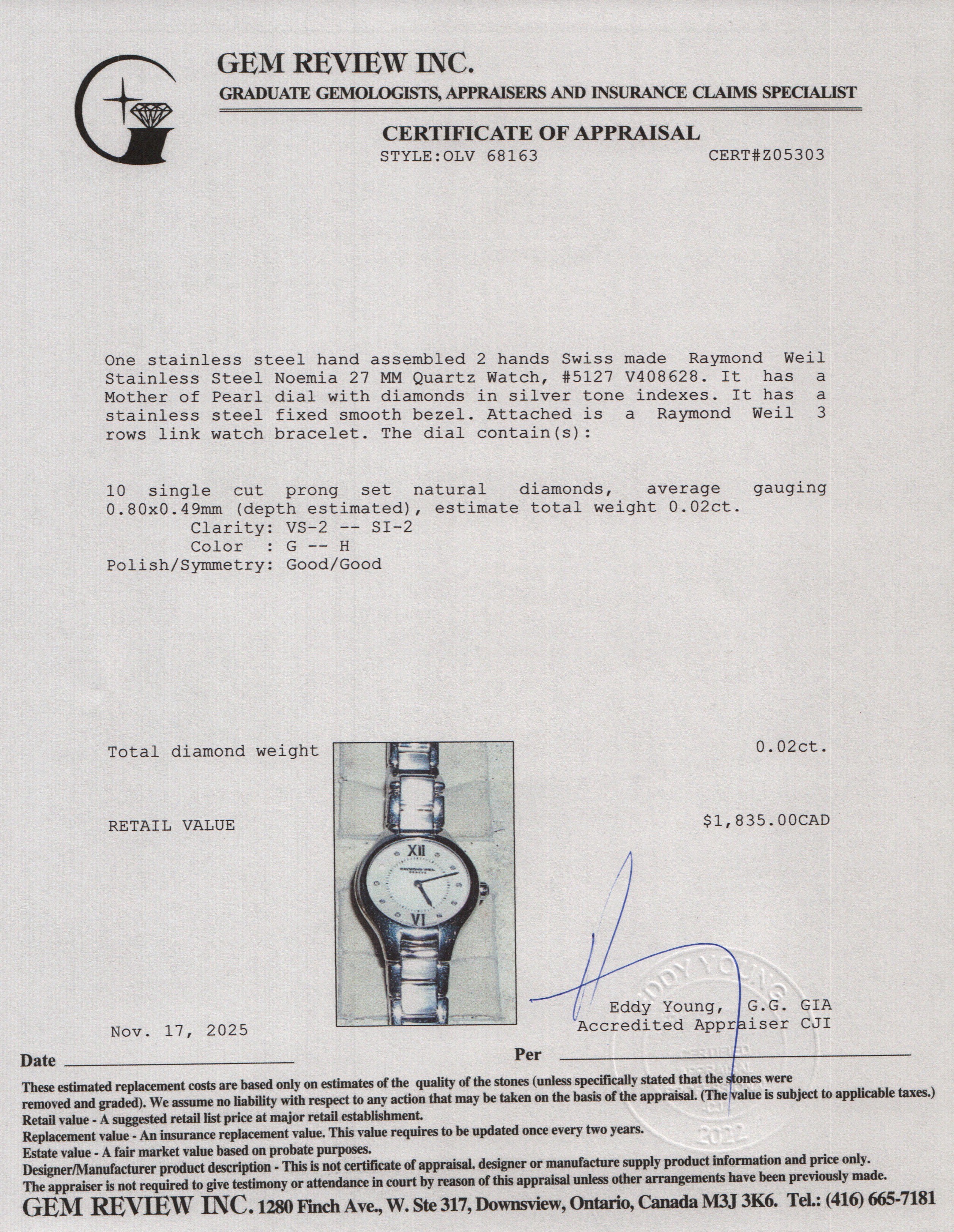 Raymond Weil Stainless Steel Noemia 27 MM Quartz Watch Mother of Pearl Diamond Dial 5127