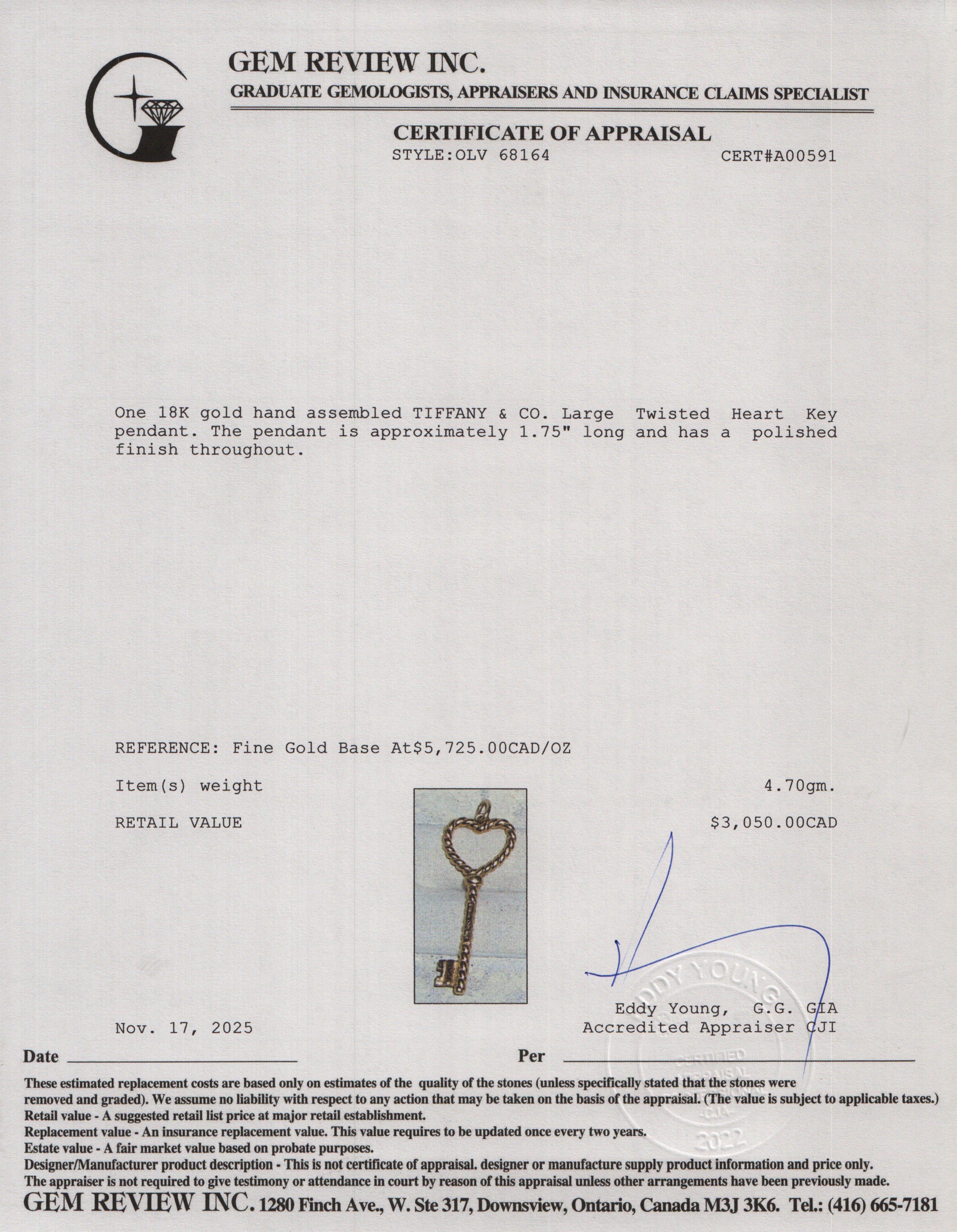 Tiffany & Co. 18k Yellow Gold Large Twisted Heart Key Pendant w/ Box