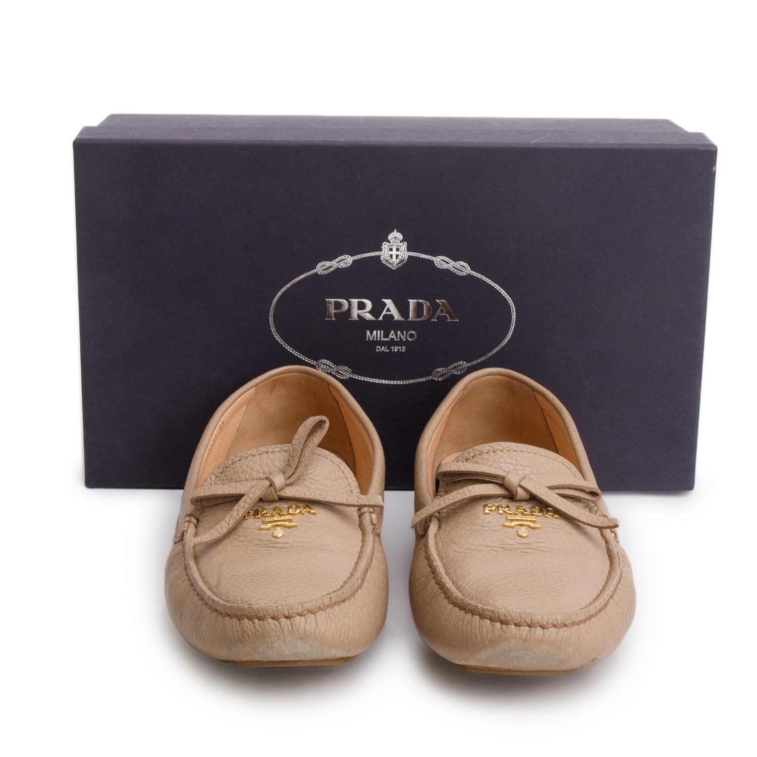 Prada Beige Vitello Daino Leather Bow Accent Loafers, Size 37 w/ Box