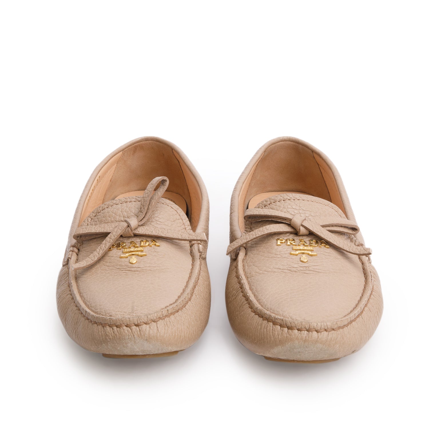 Prada Beige Vitello Daino Leather Bow Accent Loafers, Size 37 w/ Box