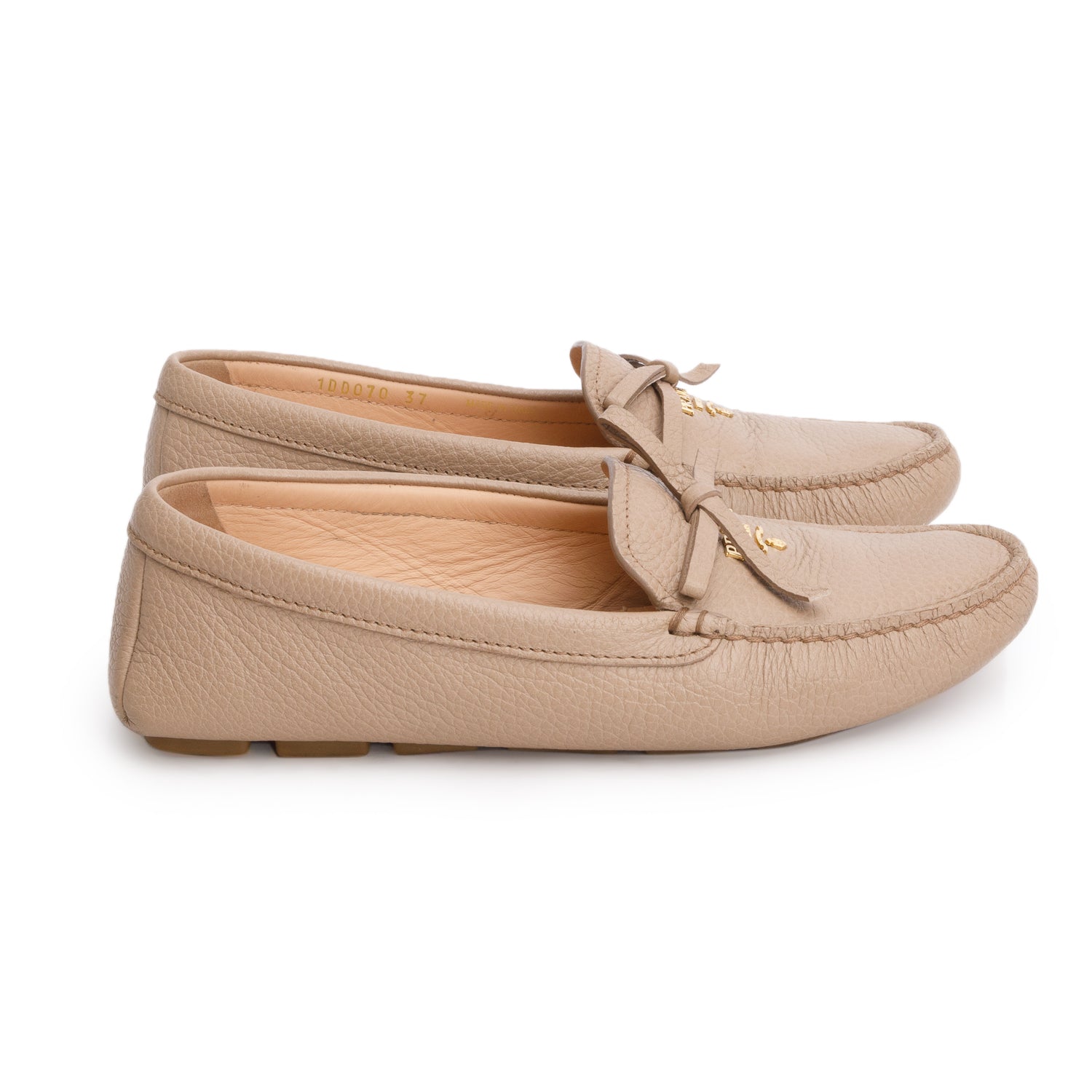 Prada Beige Vitello Daino Leather Bow Accent Loafers, Size 37 w/ Box