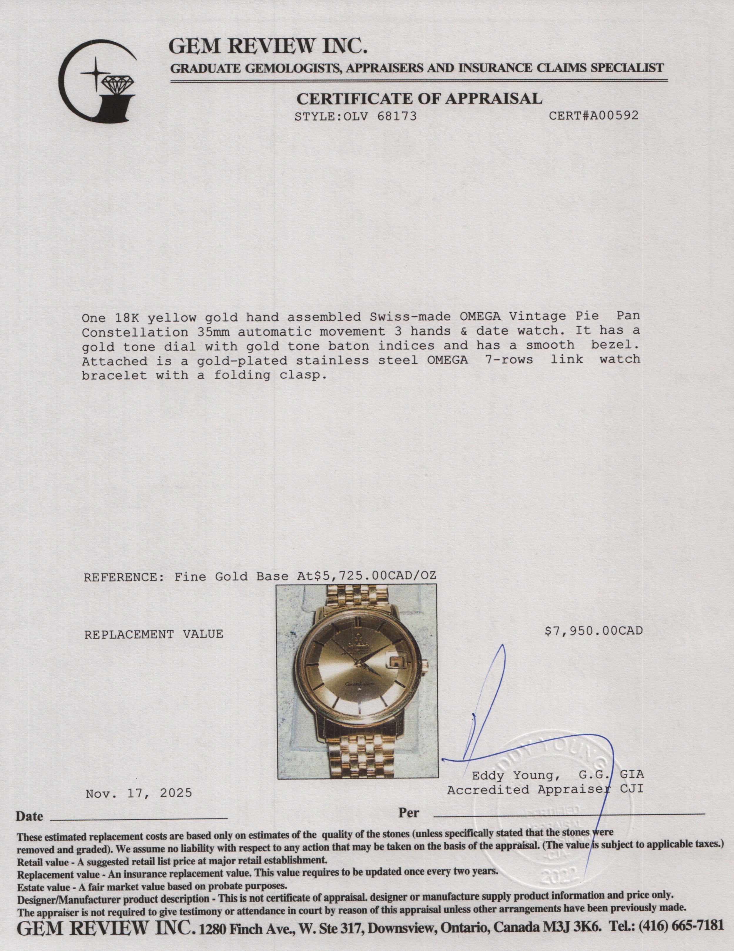 Omega Vintage 18k Yellow Gold Pie Pan Constellation 35 MM Automatic Watch