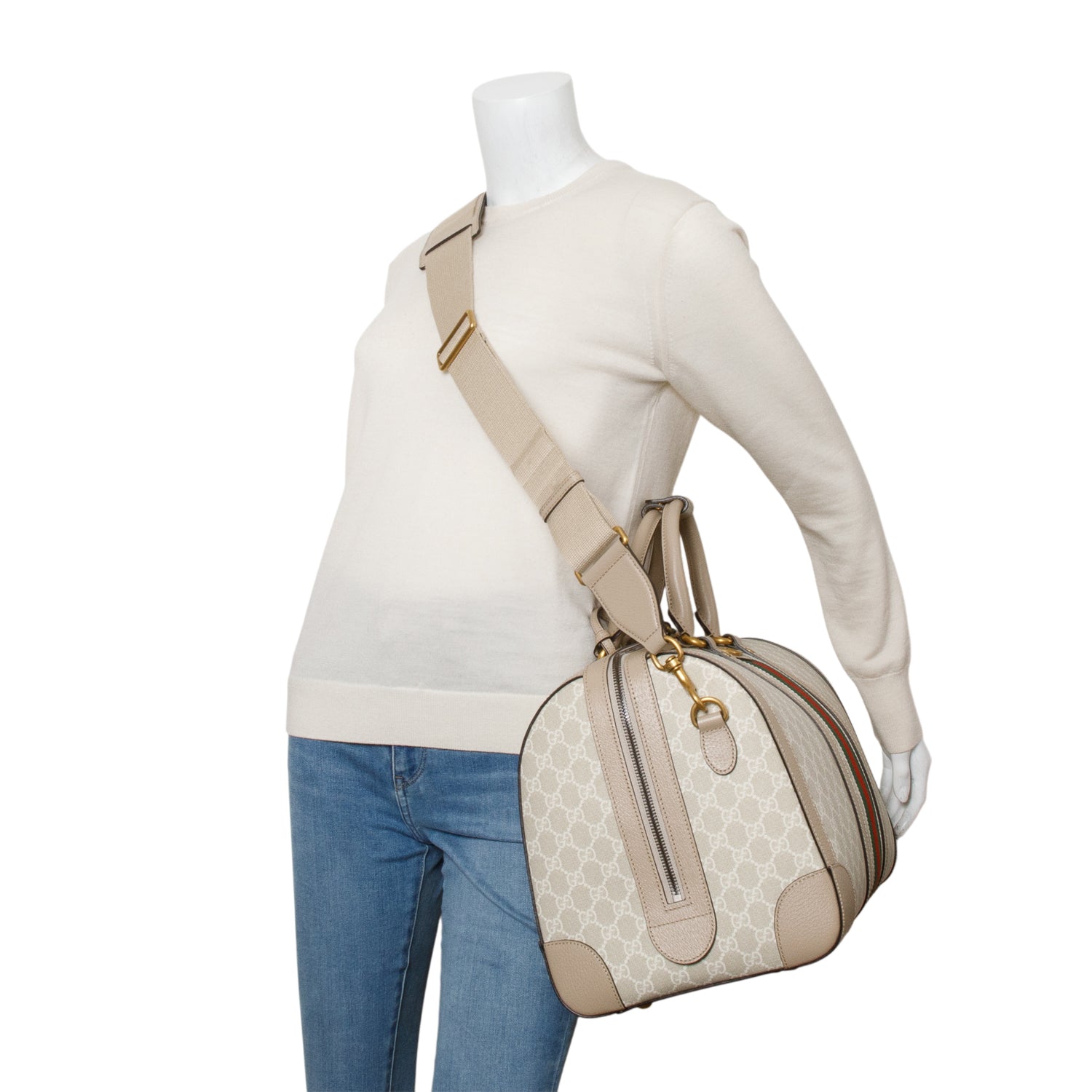 Gucci Beige GG Supreme Monogram Textured Dollar Calfskin Medium Savoy Duffle Bag w/ Strap