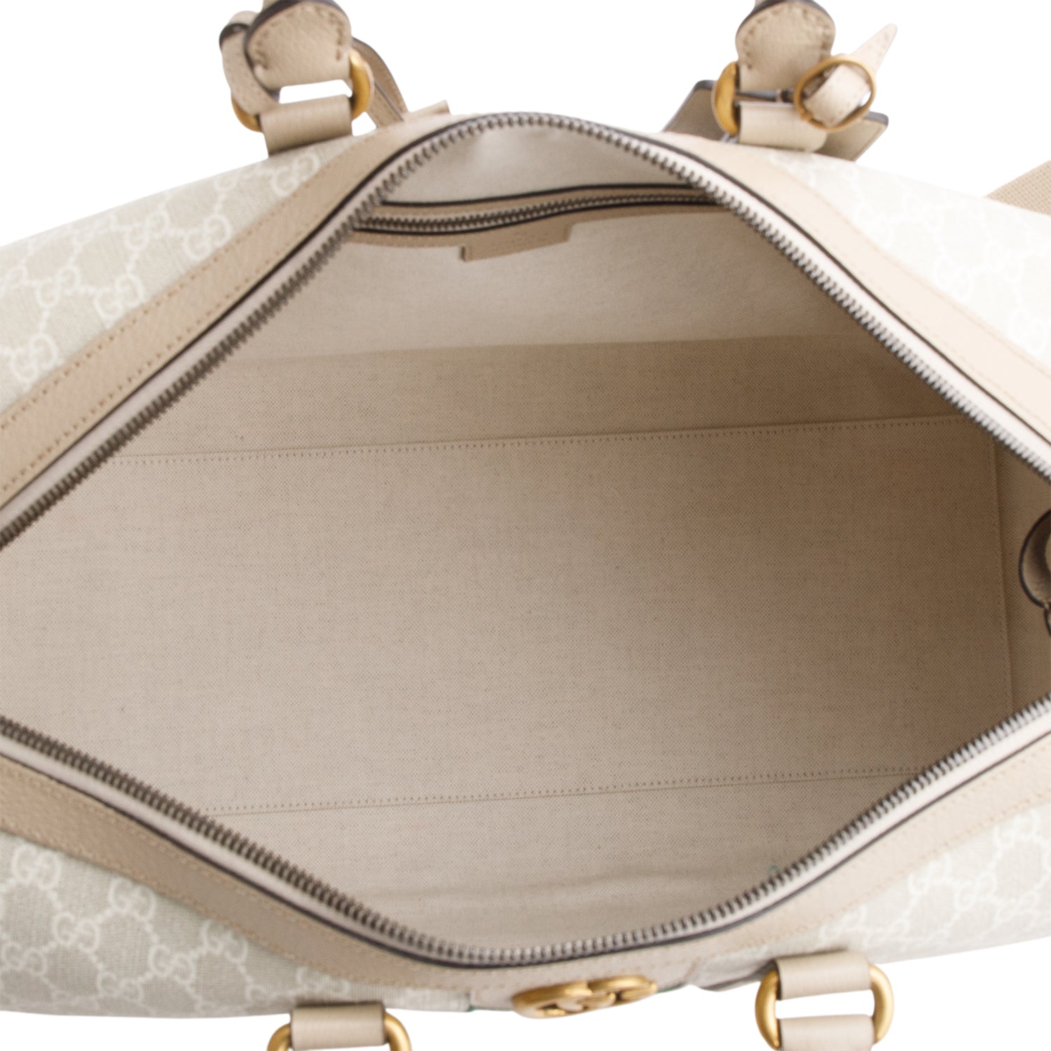 Gucci Beige GG Supreme Monogram Textured Dollar Calfskin Medium Savoy Duffle Bag w/ Strap