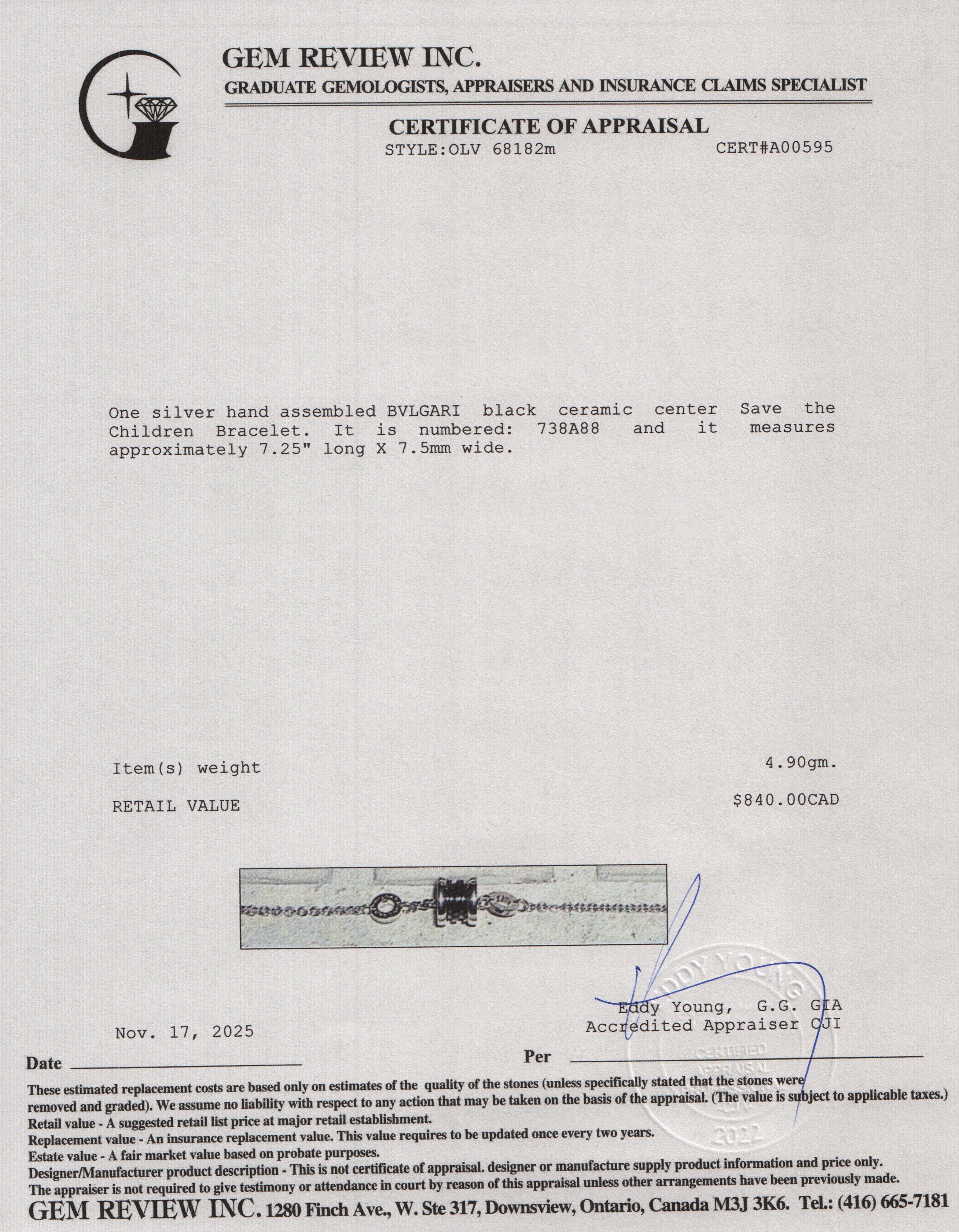 BVLGARI 2025 Sterling Silver & Black Ceramic Save The Children Bracelet w/ Box, Receipt & Certificate