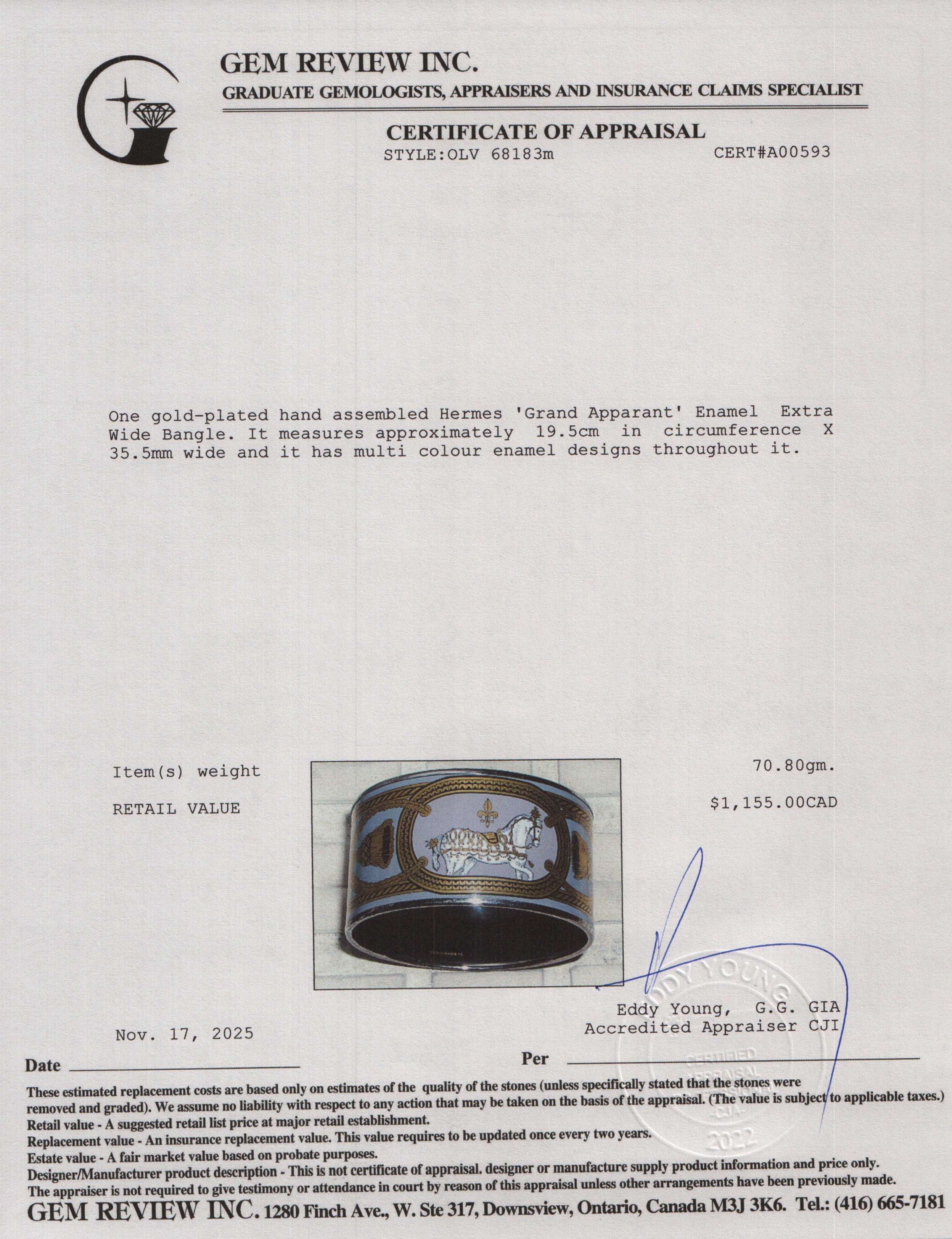 Hermes Gold-Plated 'Grand Apparant' Enamel Extra Wide Bangle