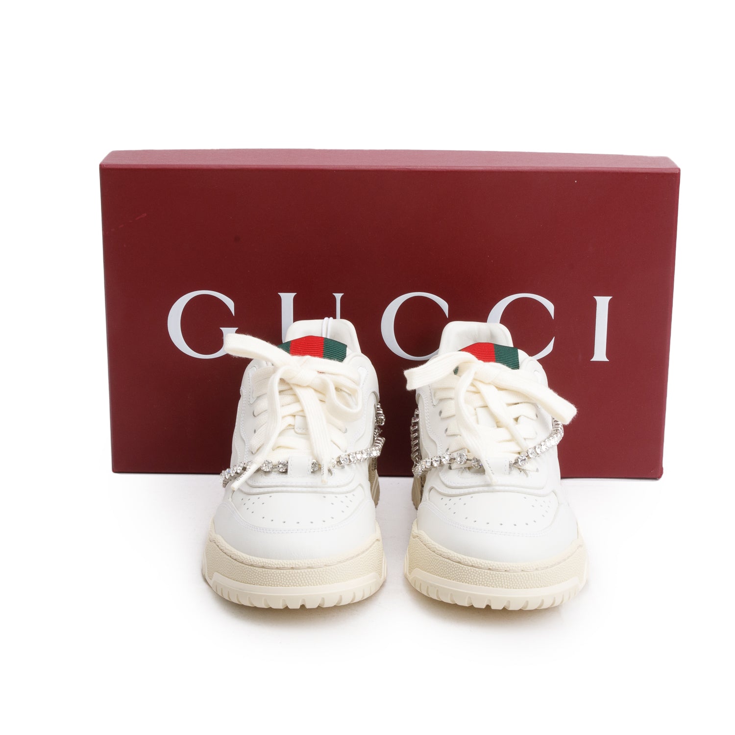 Gucci White Leather Re-Web Crystal Chain Sneakers, Size 37.5 w/ Box