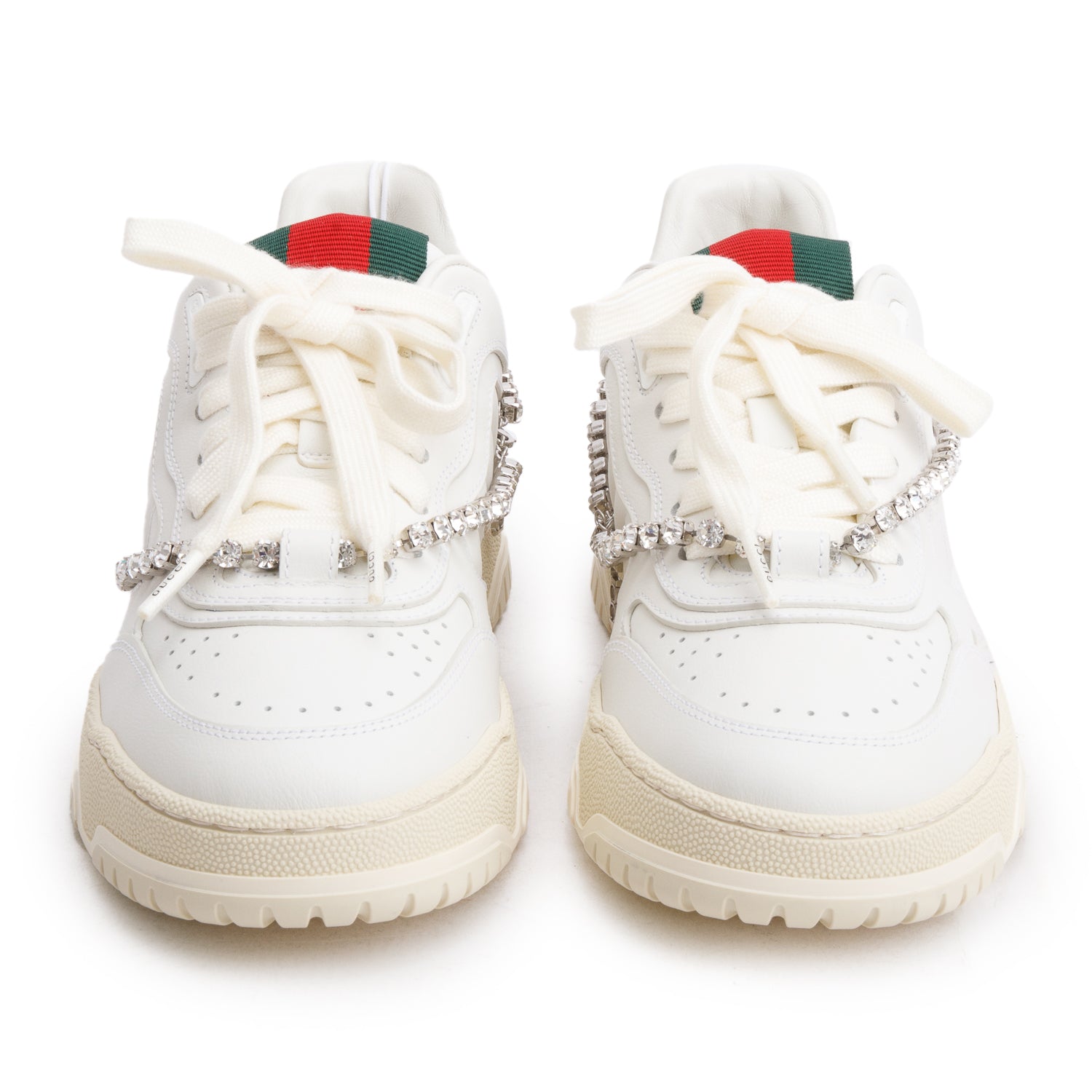 Gucci White Leather Re-Web Crystal Chain Sneakers, Size 37.5 w/ Box