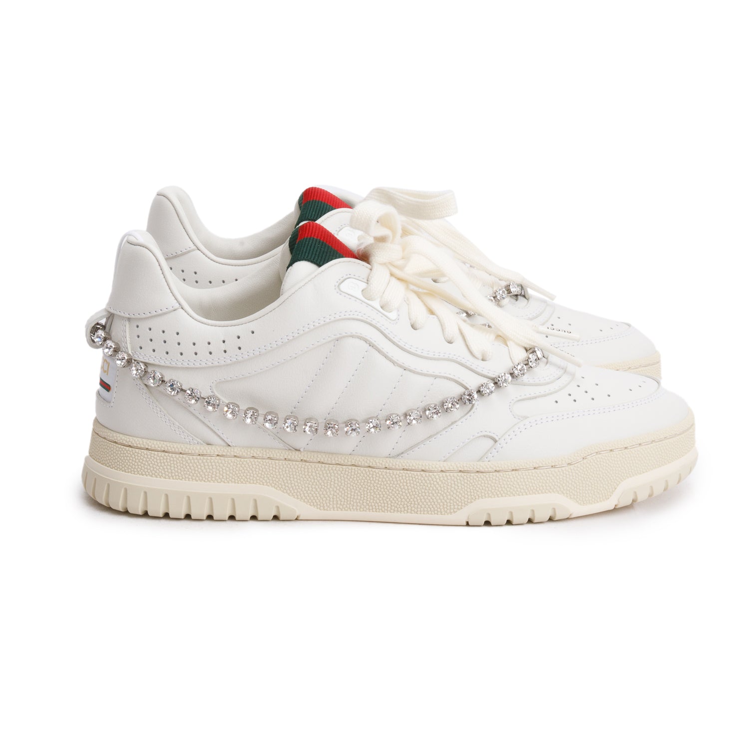 Gucci White Leather Re-Web Crystal Chain Sneakers, Size 37.5 w/ Box