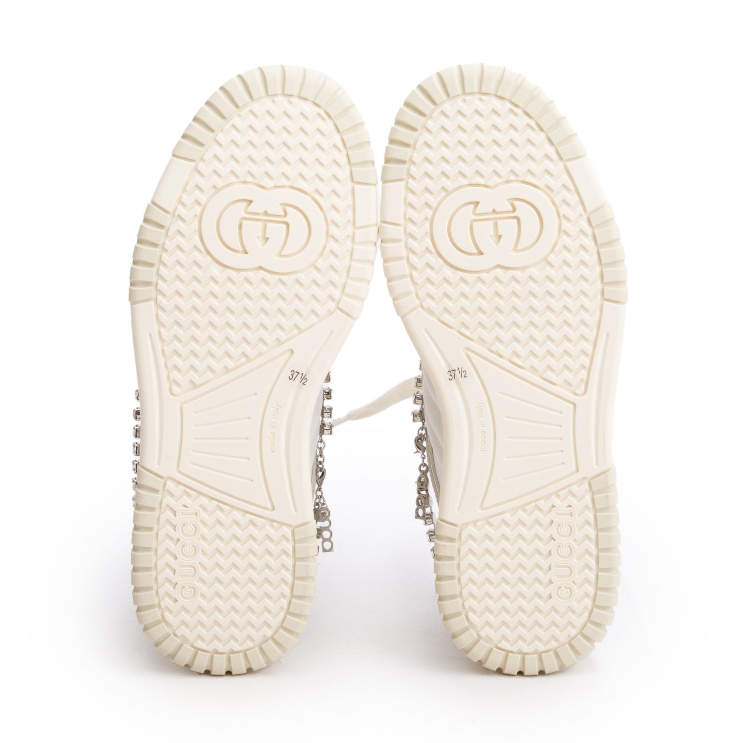 Gucci White Leather Re-Web Crystal Chain Sneakers, Size 37.5 w/ Box