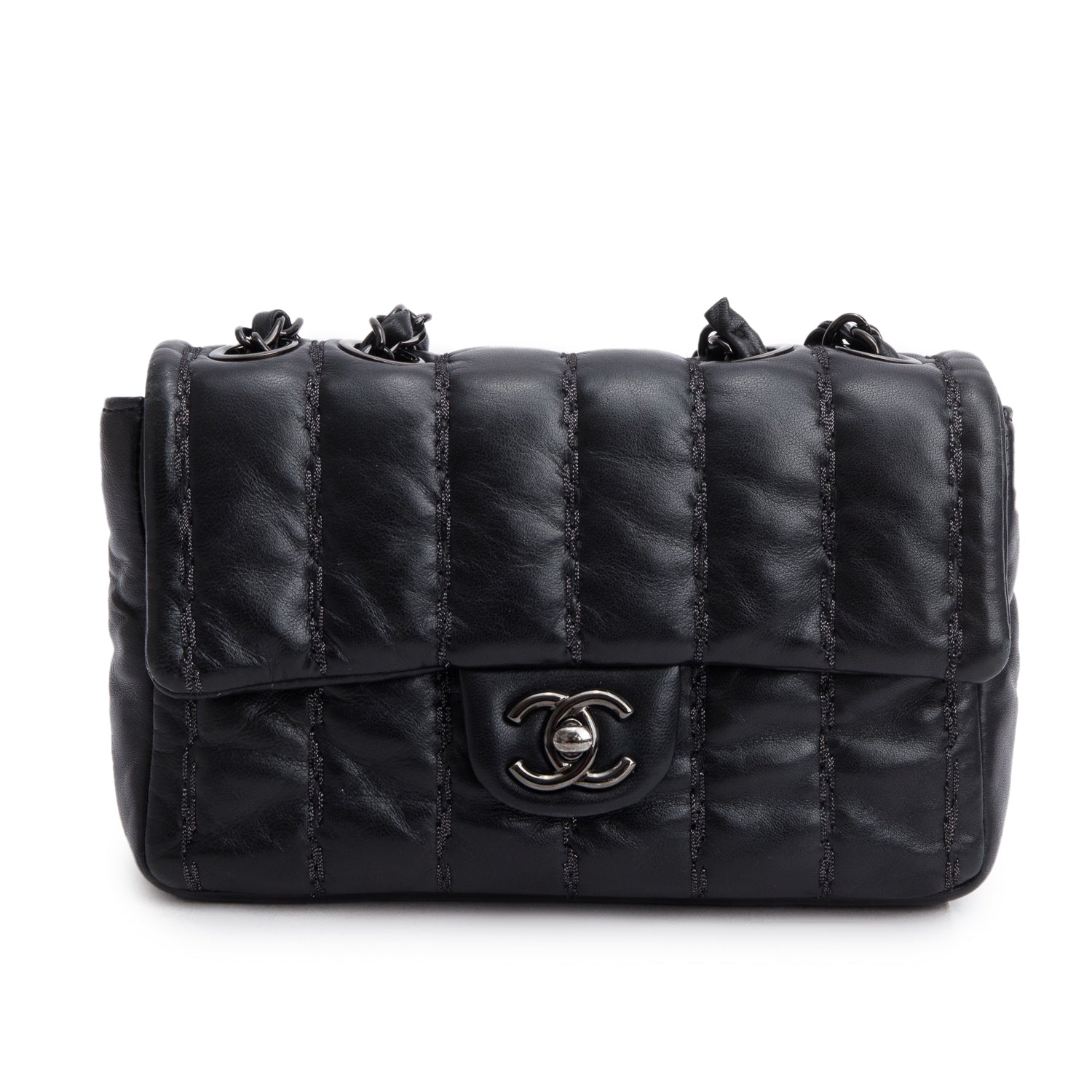 Chanel Black Lambskin Vertical Stitch Small Flap Bag