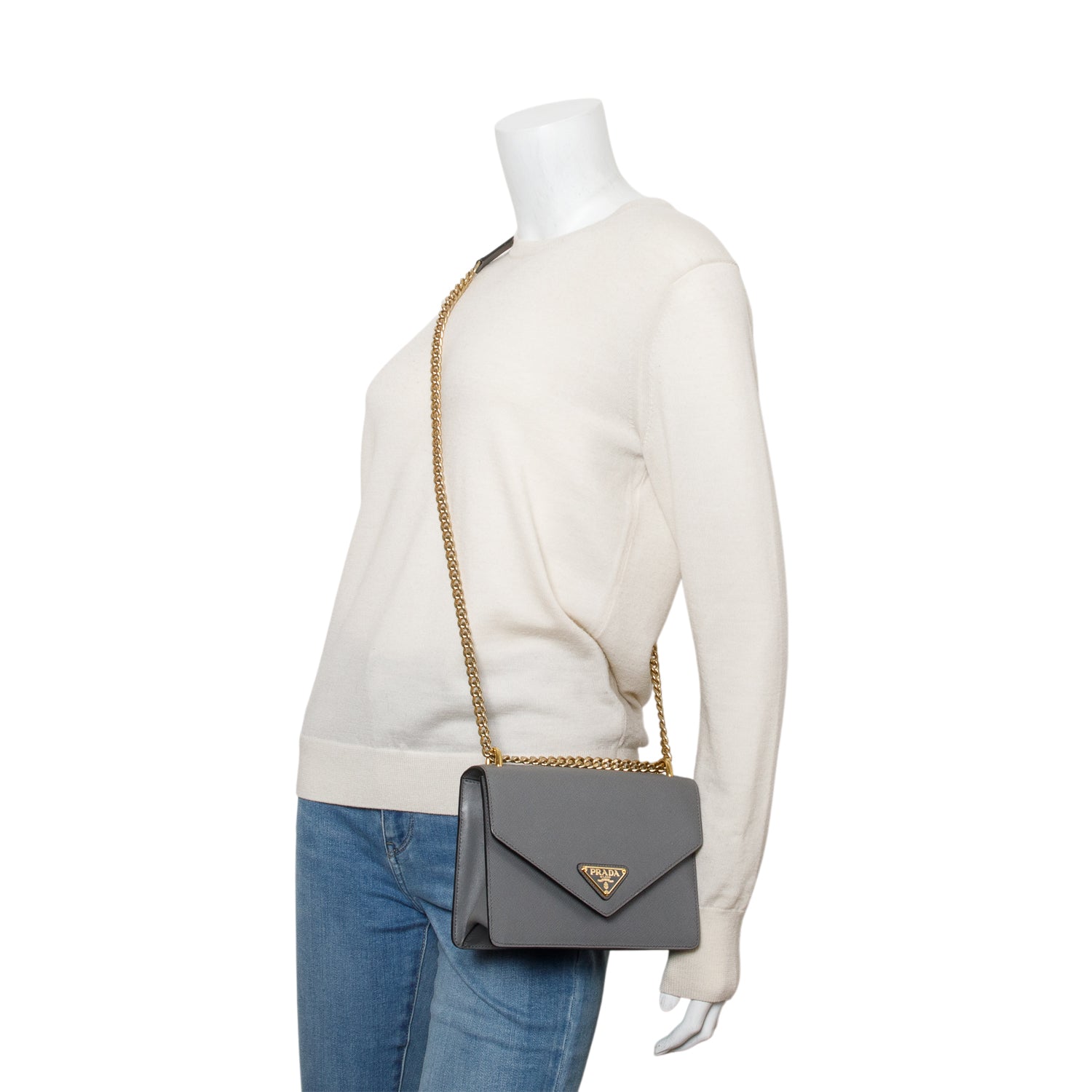 Prada Grey Saffiano Leather Envelope Shoulder Bag w/ Authenticity Card