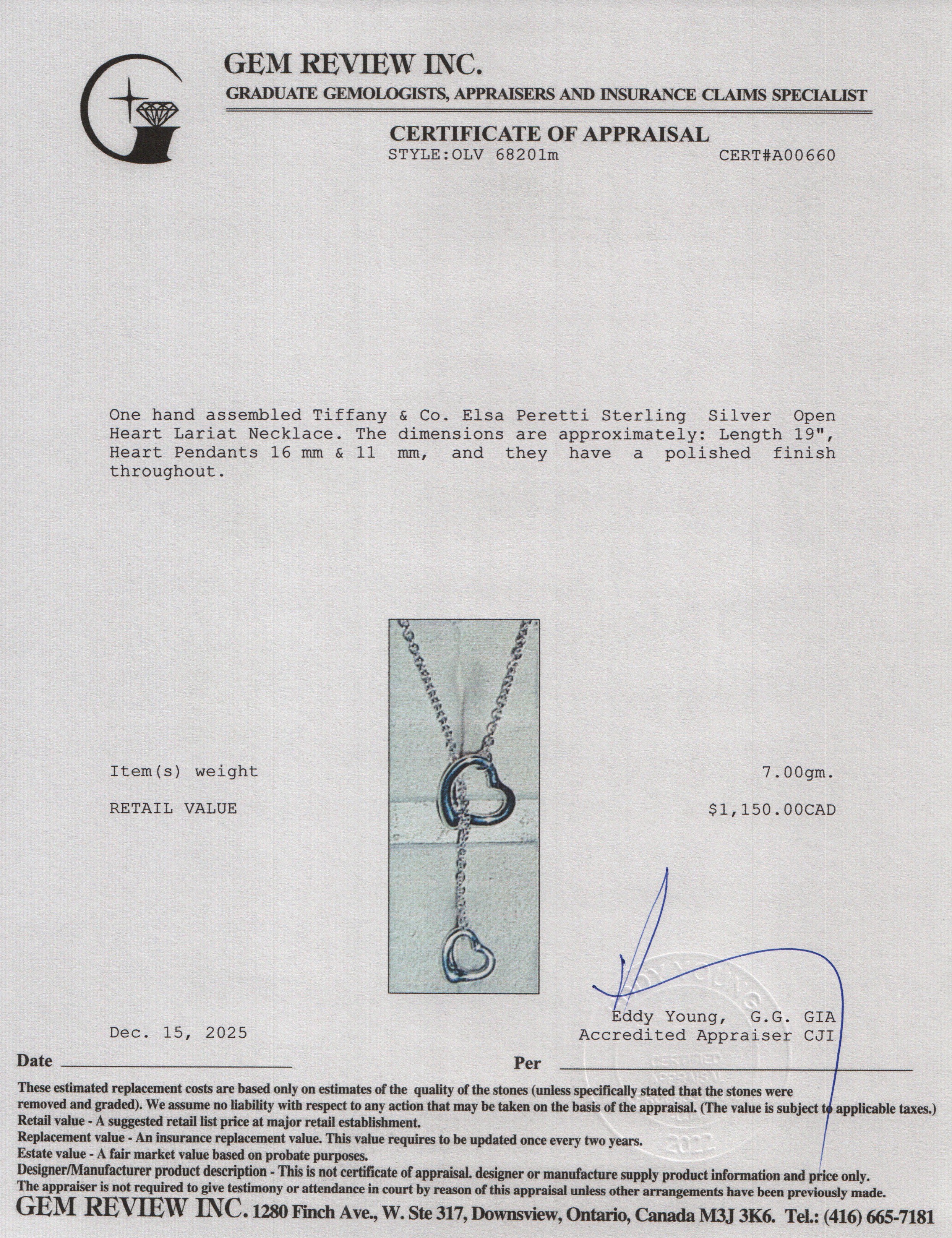 Tiffany & Co. Elsa Peretti Sterling Silver Open Heart Lariat Necklace