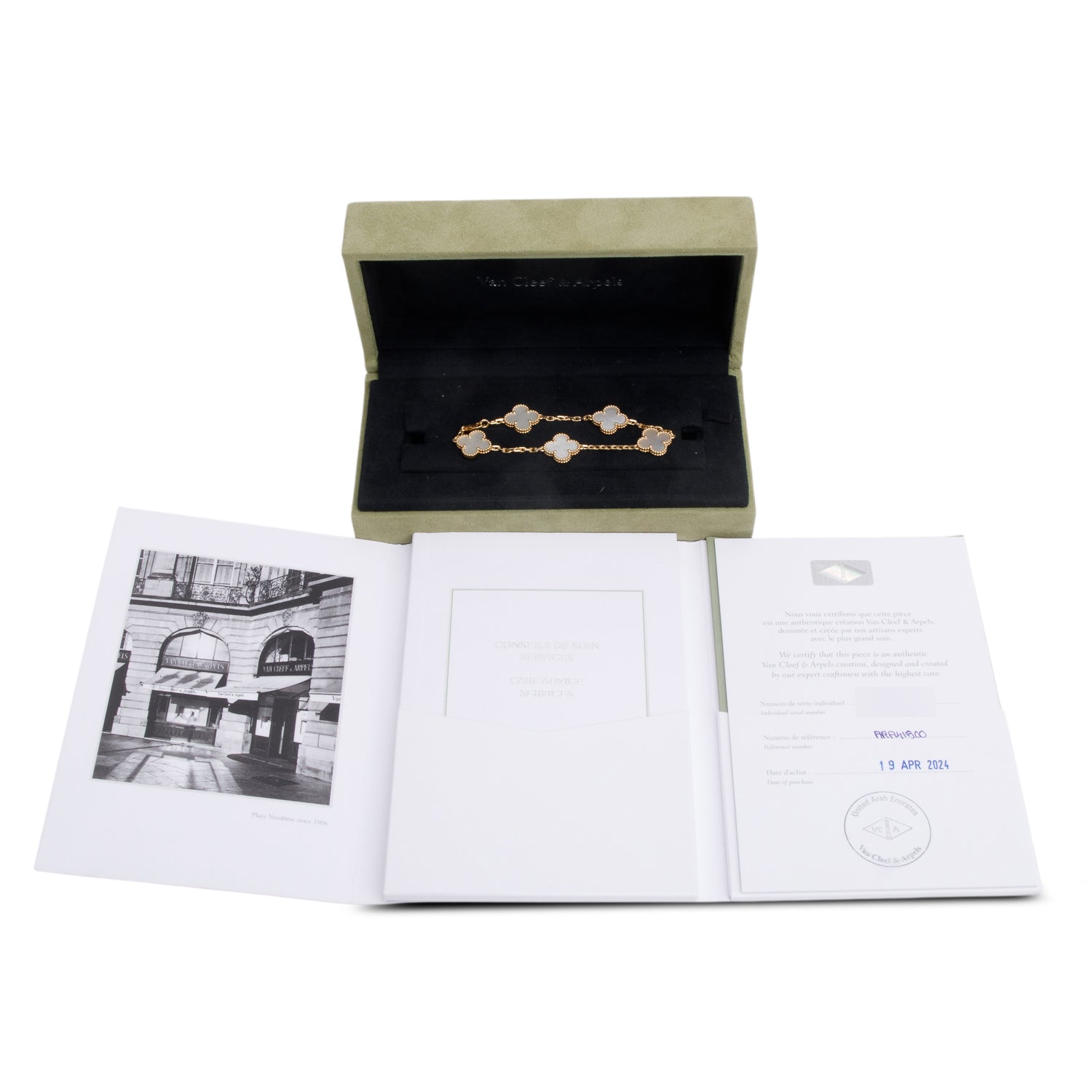 Van Cleef & Arpels 2024 18k Yellow Gold Vintage Alhambra 5 Motif Mother of Pearl Bracelet w/ Box, Receipt & Certificate