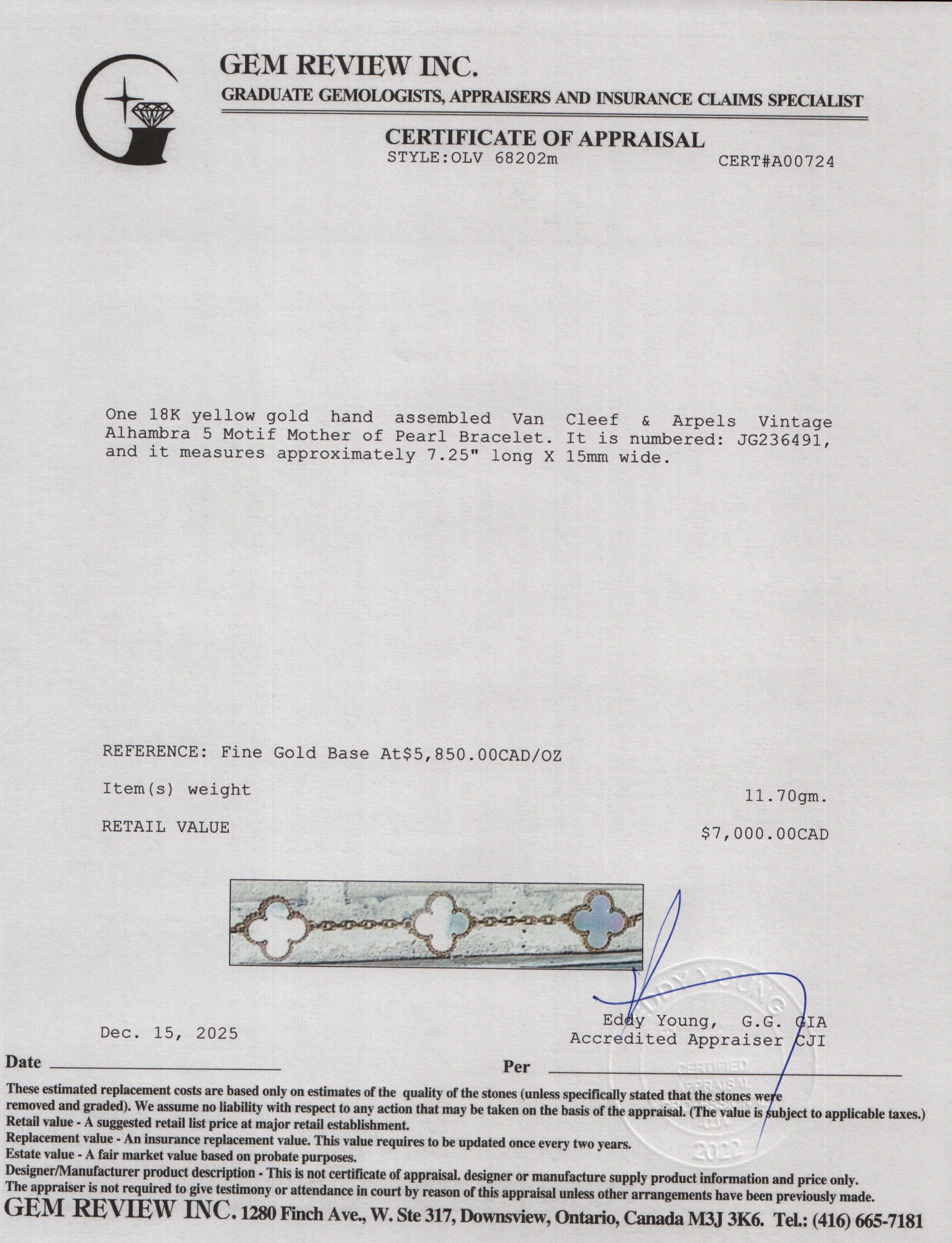 Van Cleef & Arpels 2024 18k Yellow Gold Vintage Alhambra 5 Motif Mother of Pearl Bracelet w/ Box, Receipt & Certificate