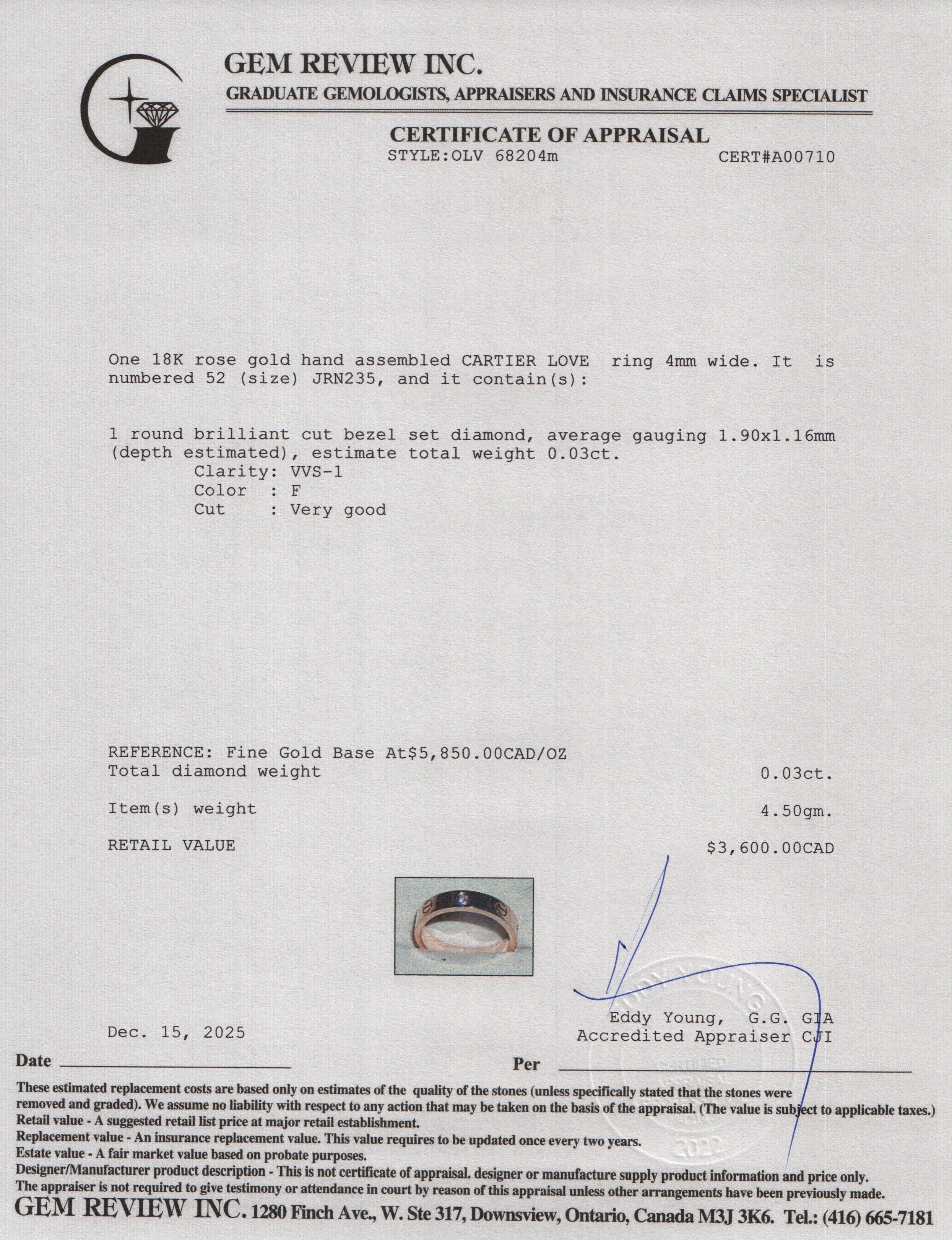 Cartier 18k Rose Gold 1 Diamond 4 MM Love Wedding Band Ring, Size 52 6 w/ Box & Certificate