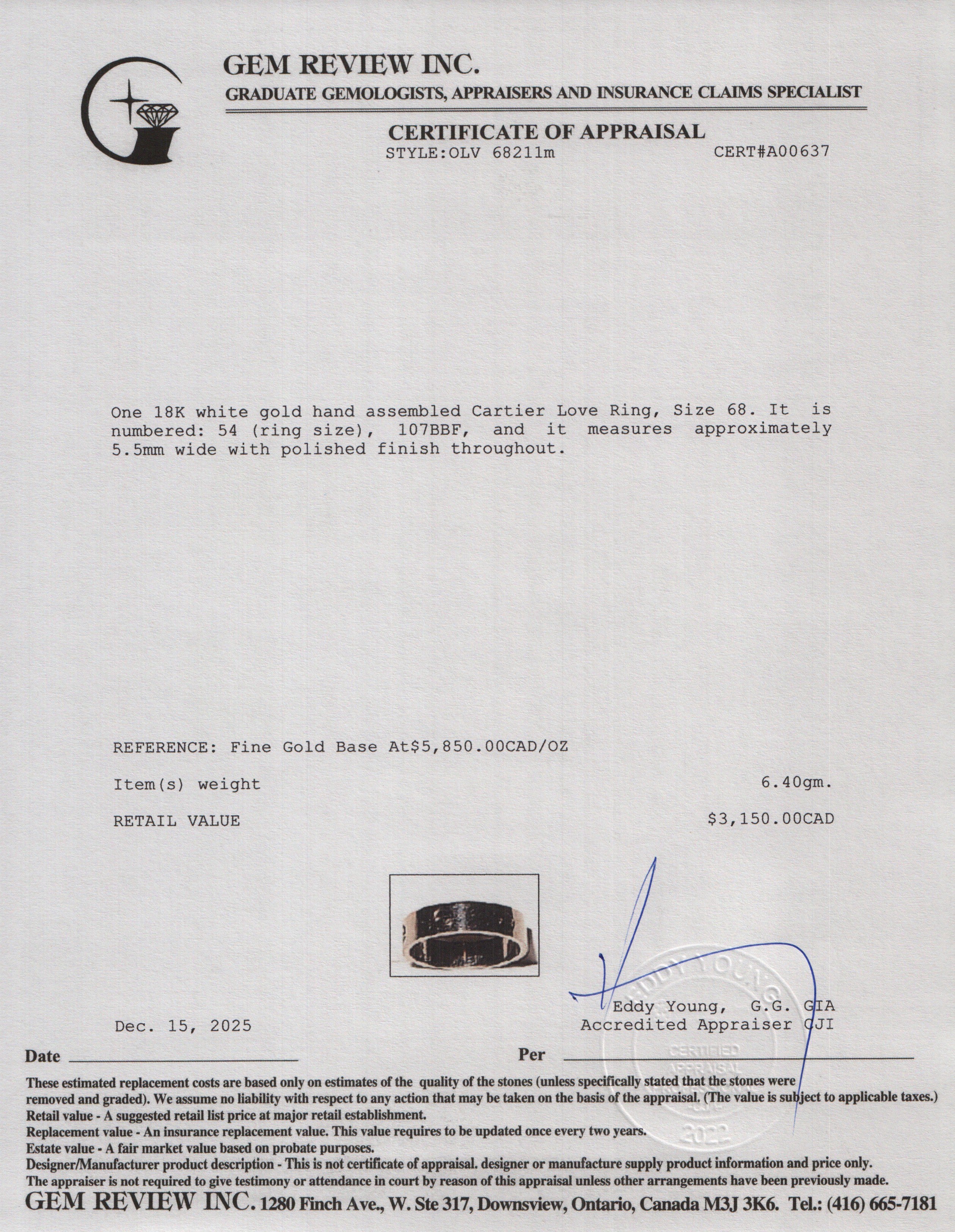 Cartier 2025 18k White Gold 5.5 MM Love Ring, Classic Model, Size 54 7 w/ Box, Receipt & Certificate