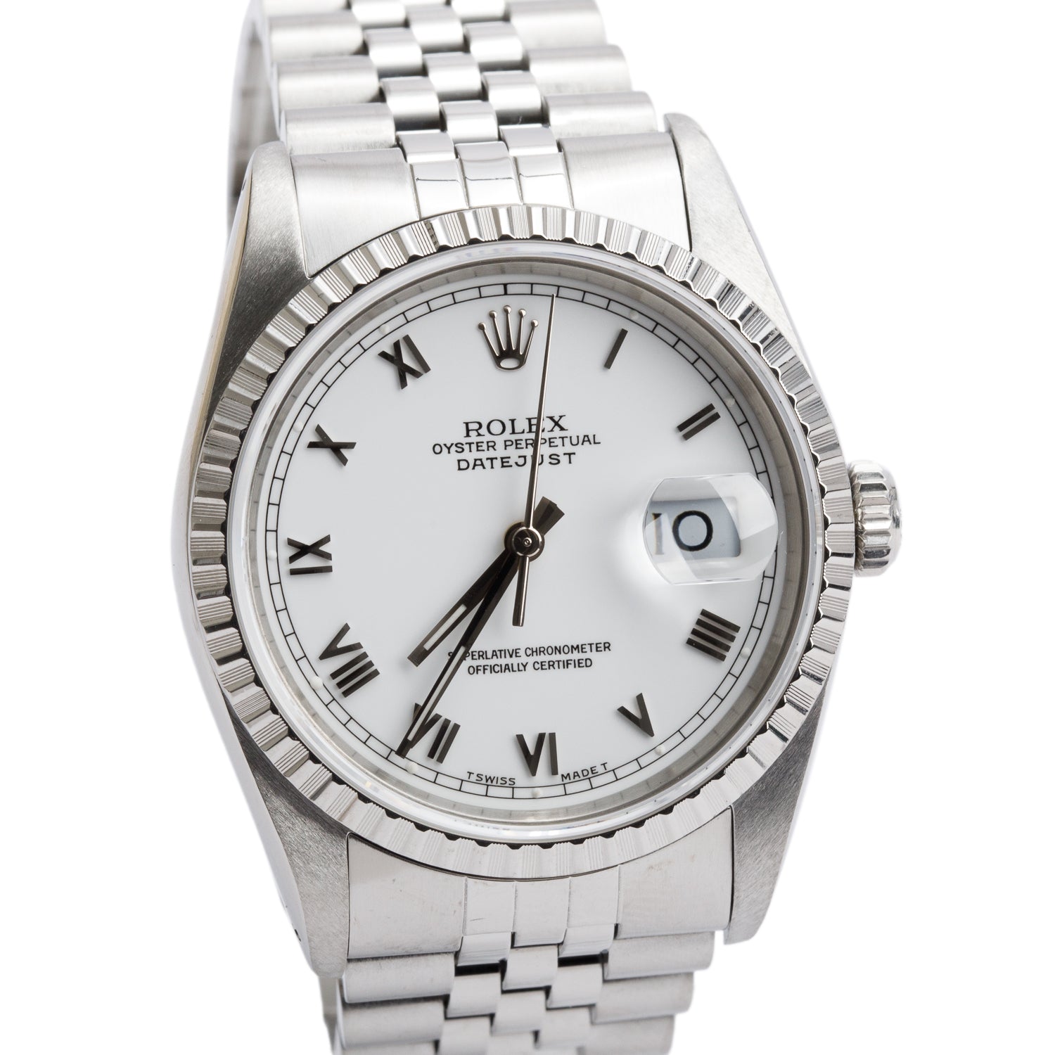 Rolex Stainless Steel Datejust 36 MM Automatic Watch White Roman Dial 16220 w/ Box
