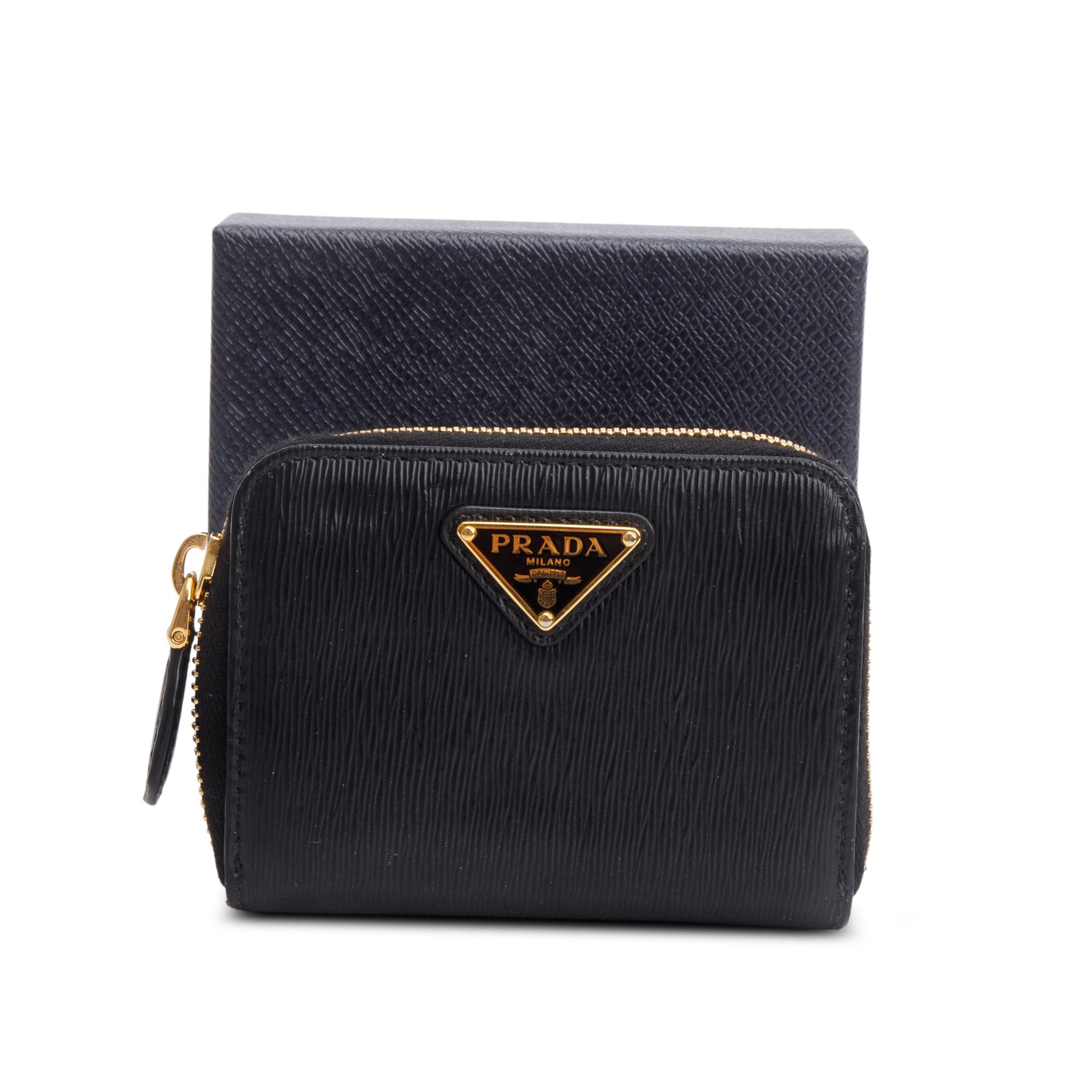 Prada Black Vitello Move Compact Zip Wallet w/ Box