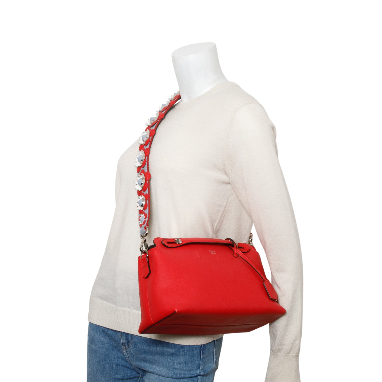 Fendi Red Vitello Dolce Medium By the Way Flower Boston Bag w/ Strap