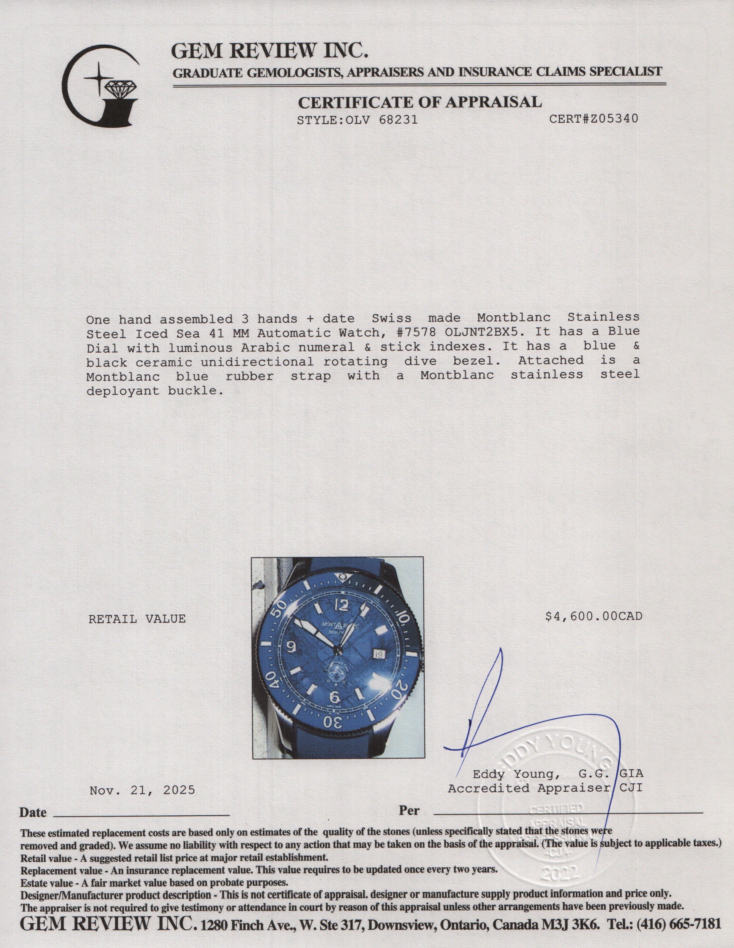 Montblanc Stainless Steel Iced Sea 41 MM Automatic Watch Blue Dial 7578