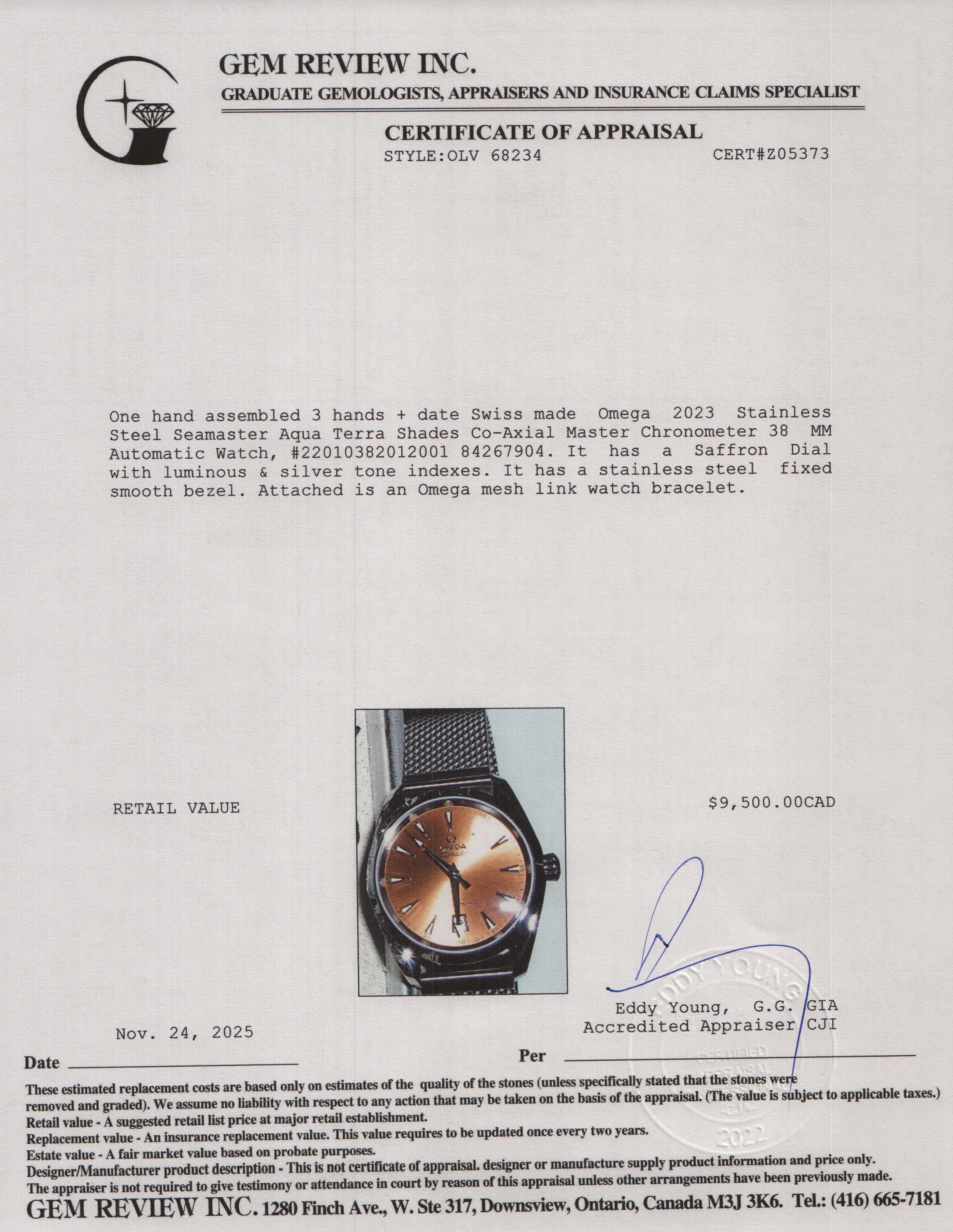 Omega 2023 Stainless Steel Seamaster Aqua Terra Shades Co-Axial Master Chronometer 38 MM Automatic Watch Saffron Dial w/ Papers