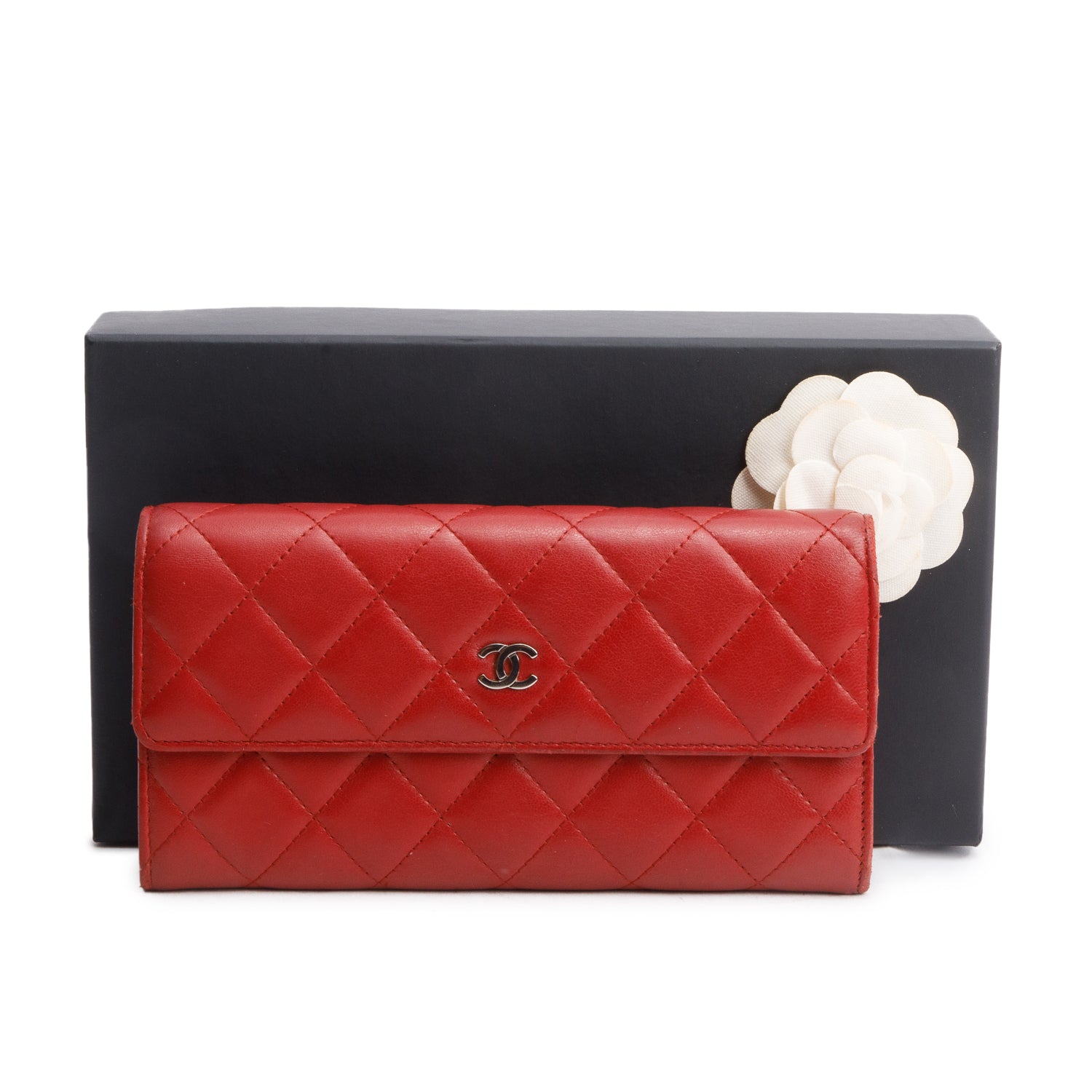 Chanel Red Lambskin Quilted Large Flap Wallet w/ Box