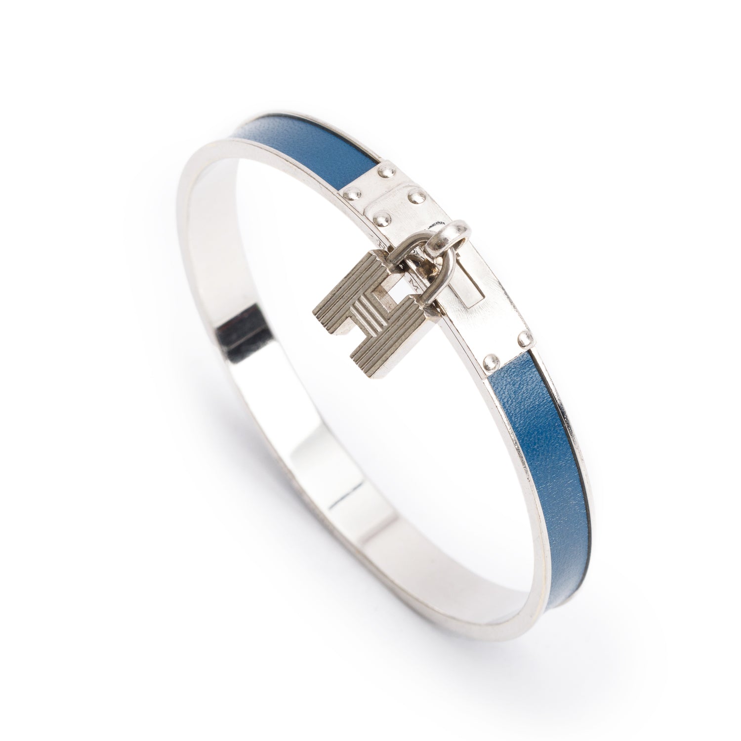 Hermes Palladium-Plated Blue Leather Kelly Cadena Lock Bangle Bracelet