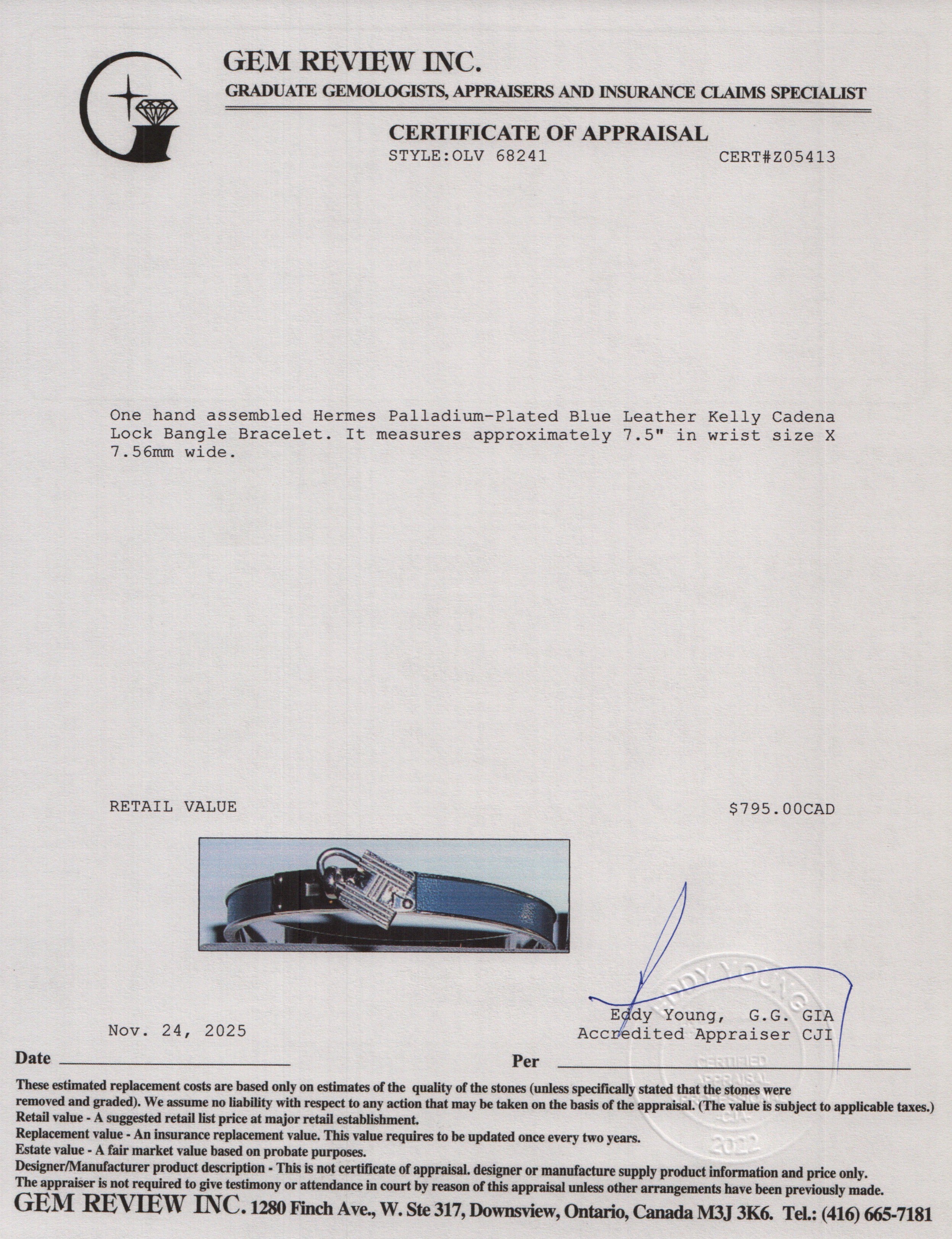 Hermes Palladium-Plated Blue Leather Kelly Cadena Lock Bangle Bracelet