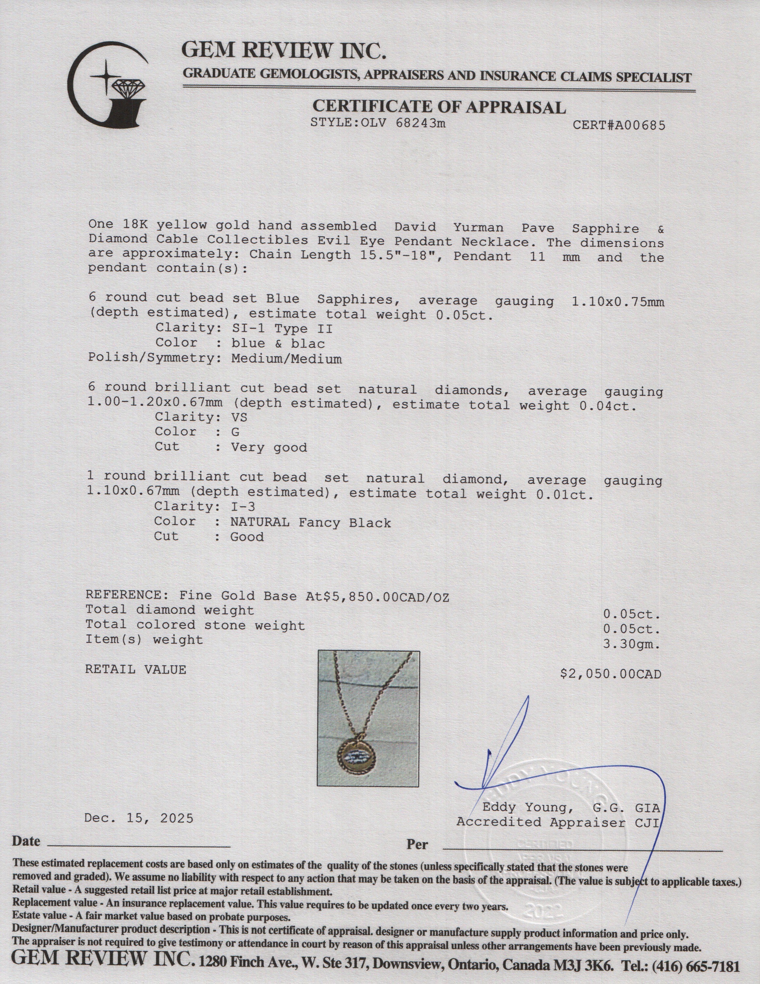 David Yurman 18k Yellow Gold Pave Sapphire & Diamond Cable Collectibles Evil Eye Pendant Necklace