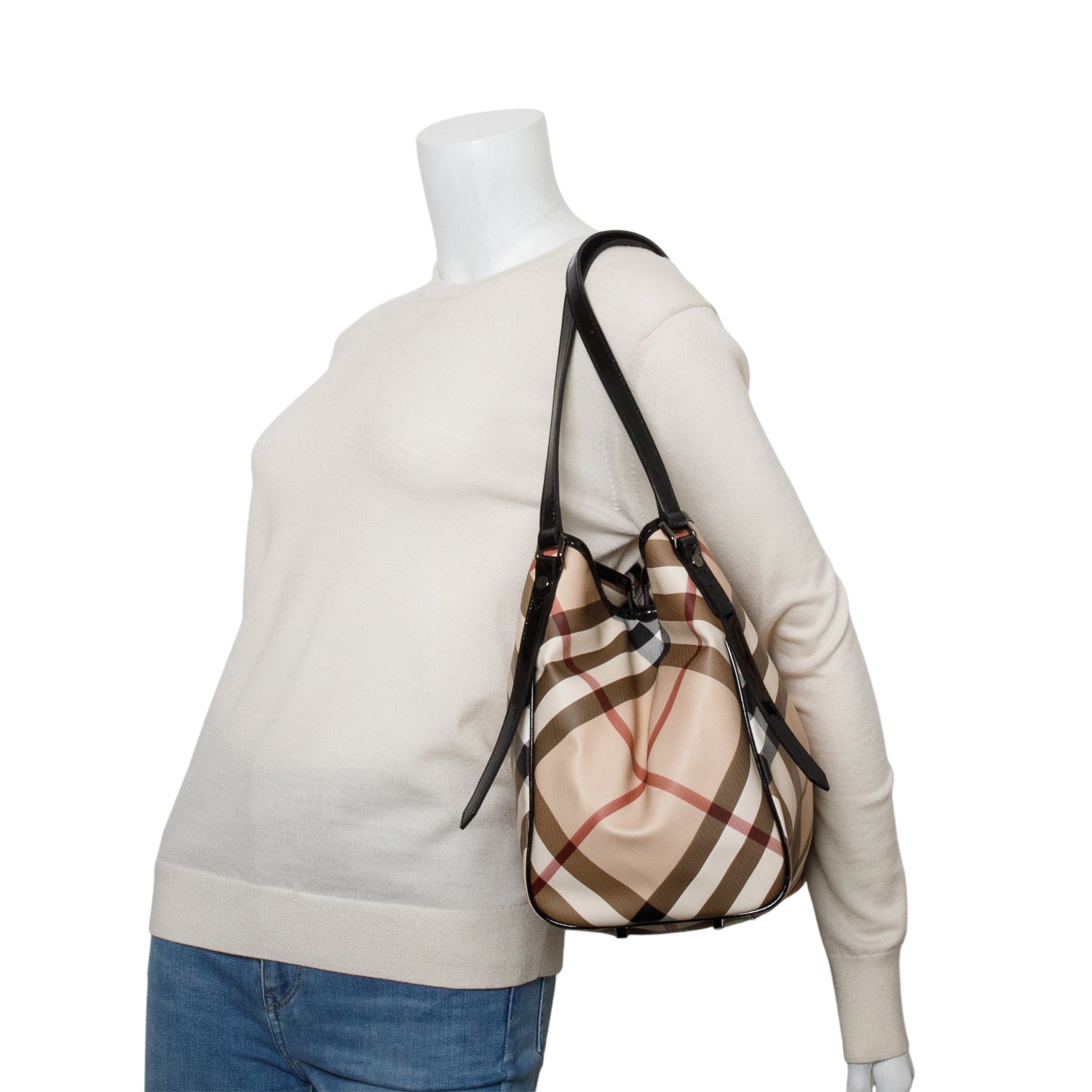 Burberry Patent Leather-Trimmed Nova Check Tote Bag w/ Pouch