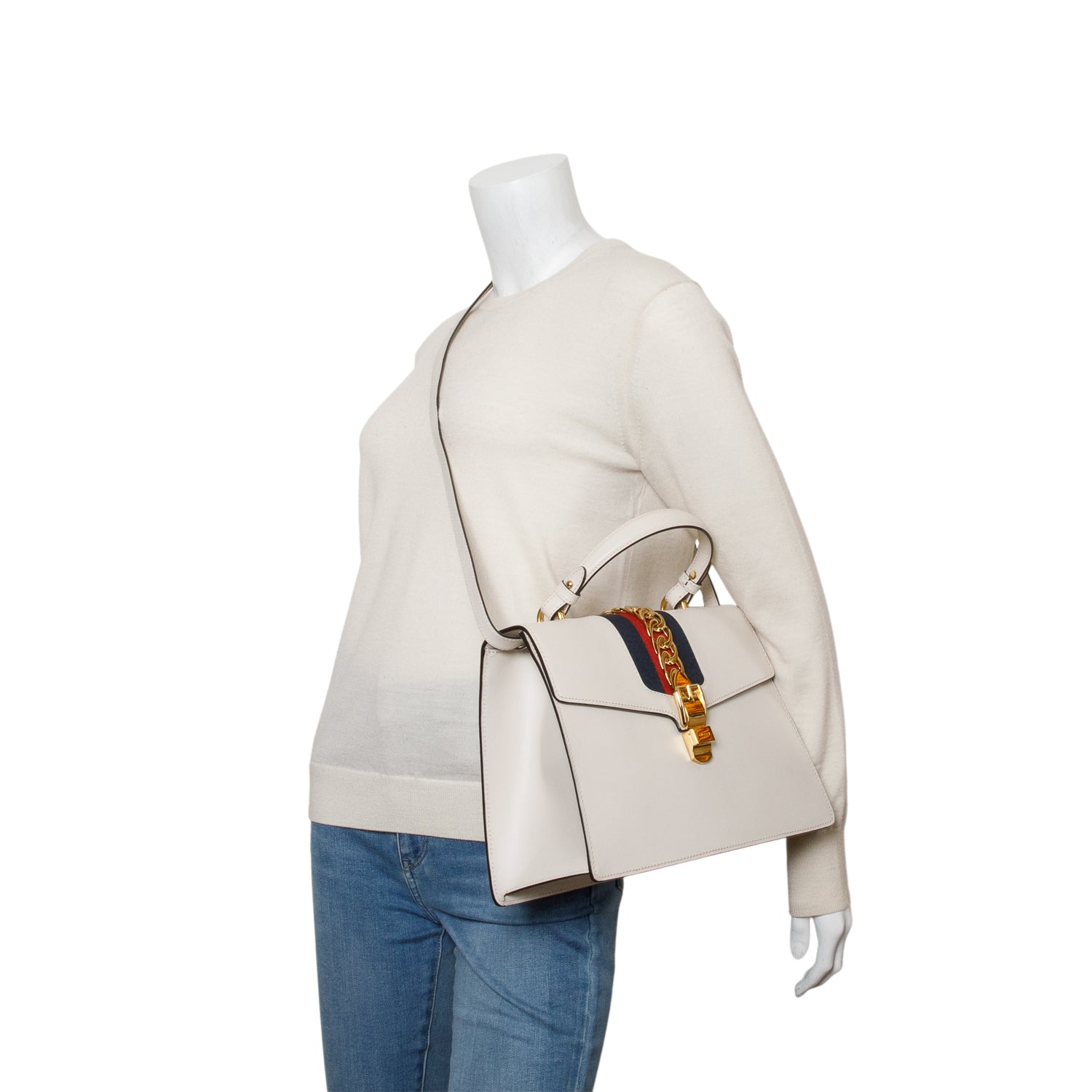 Gucci White Calfskin Leather Web Medium Sylvie Handle Bag w/ Strap