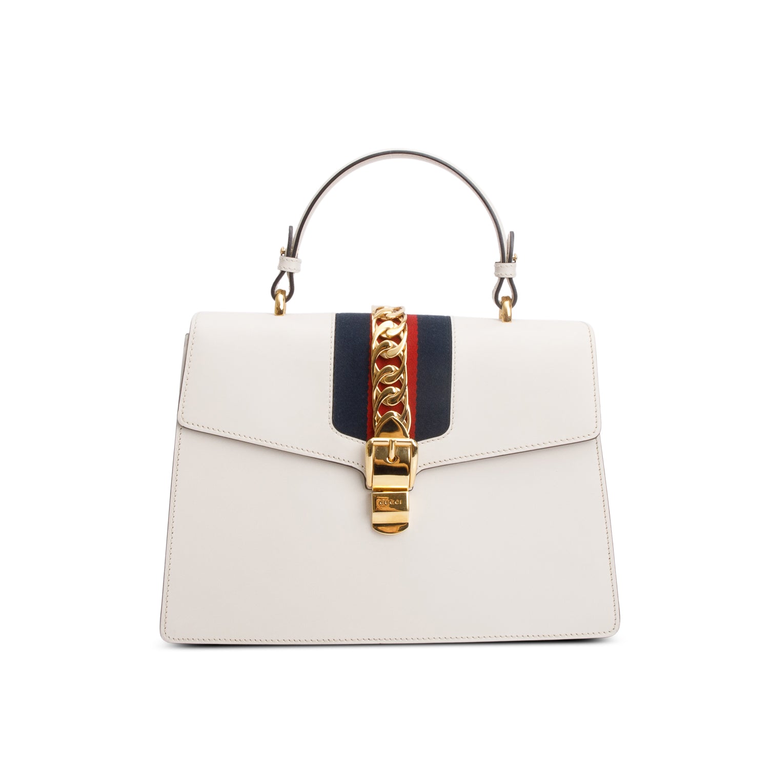 Gucci White Calfskin Leather Web Medium Sylvie Handle Bag w/ Strap